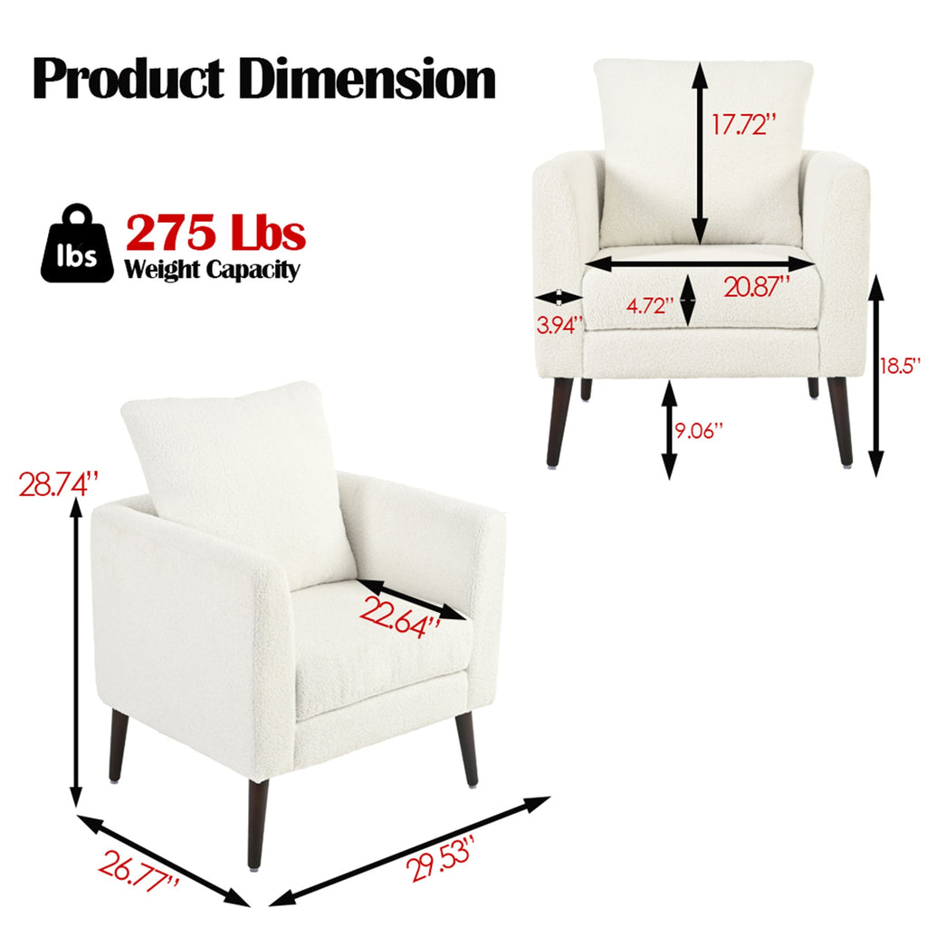Modern Teddy Fabric Accent Chair - Mid-Century Upholstered Armchair with Pillow and Wood Legs for Living Room, Bedroom, or Reception Room - White
