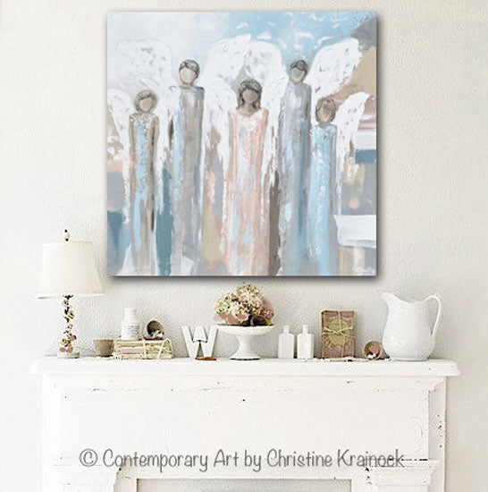 GICLEE PRINT Art Angels Painting Fine Art Abstract Angels Children Grey White Beige Blue Home Wall Decor