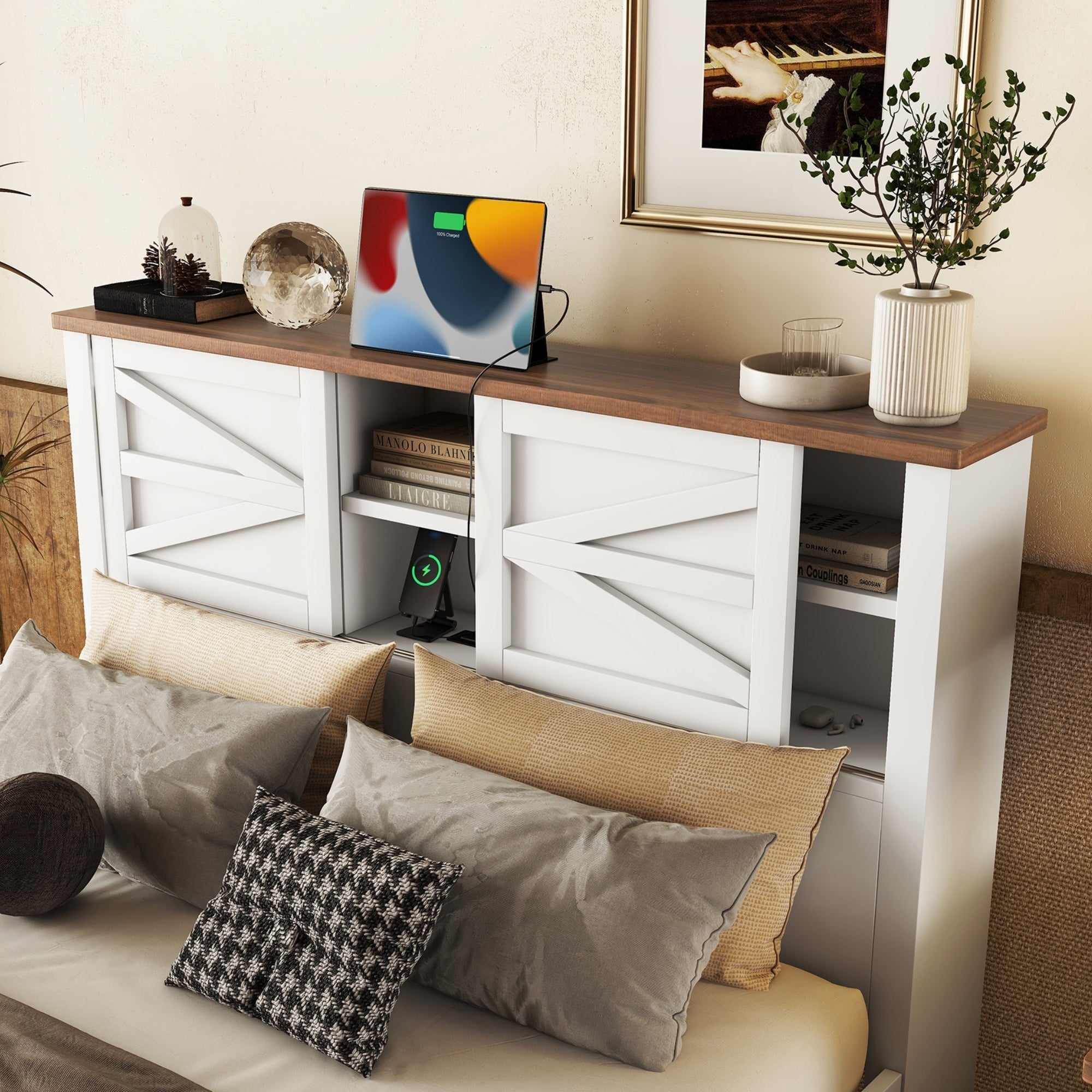 3-Pieces Bedroom Sets Full Size Farmhouse Platform Bed with Double Sliding Door Storage Headboard and Charging Station, Storage Nightstand and Dresser, White+Brown(Old SKU HL000091AAK)