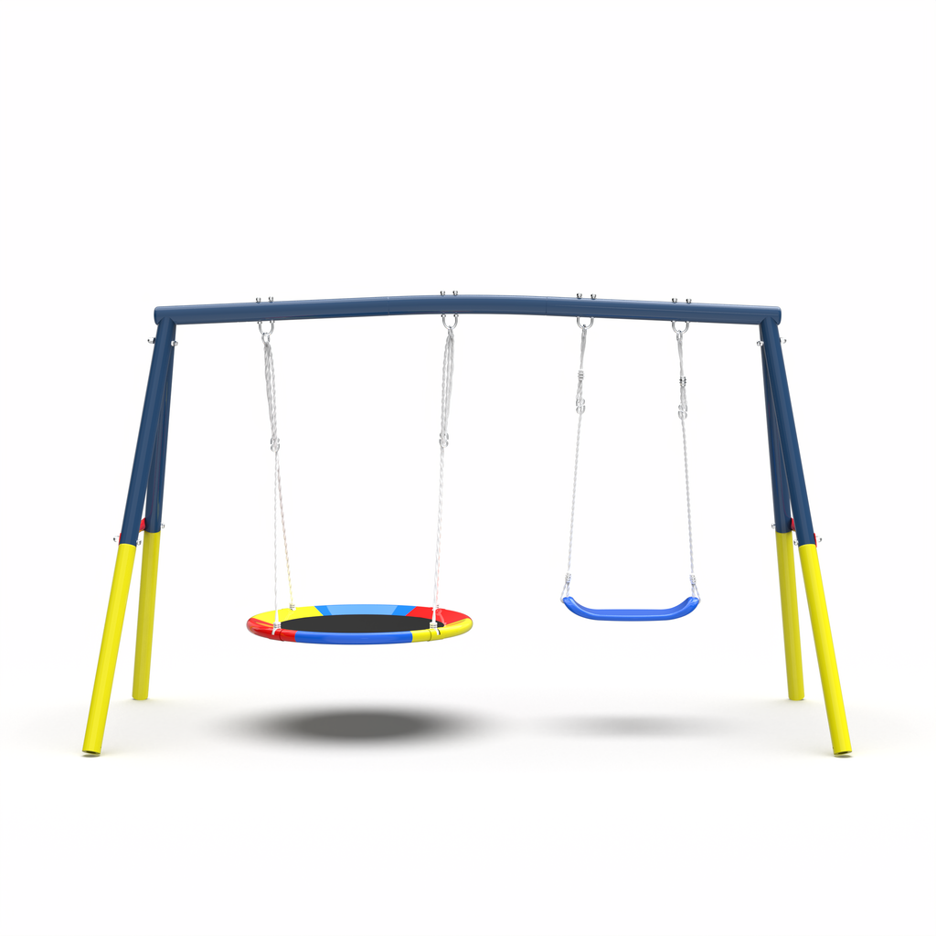 Swing Set for Backyard, 440lbs Swing Set with Heavy-Duty A-Frame Metal Outdoor Swing Stand, 1 Saucer Swing Seat & 1 Belt Swings Seat