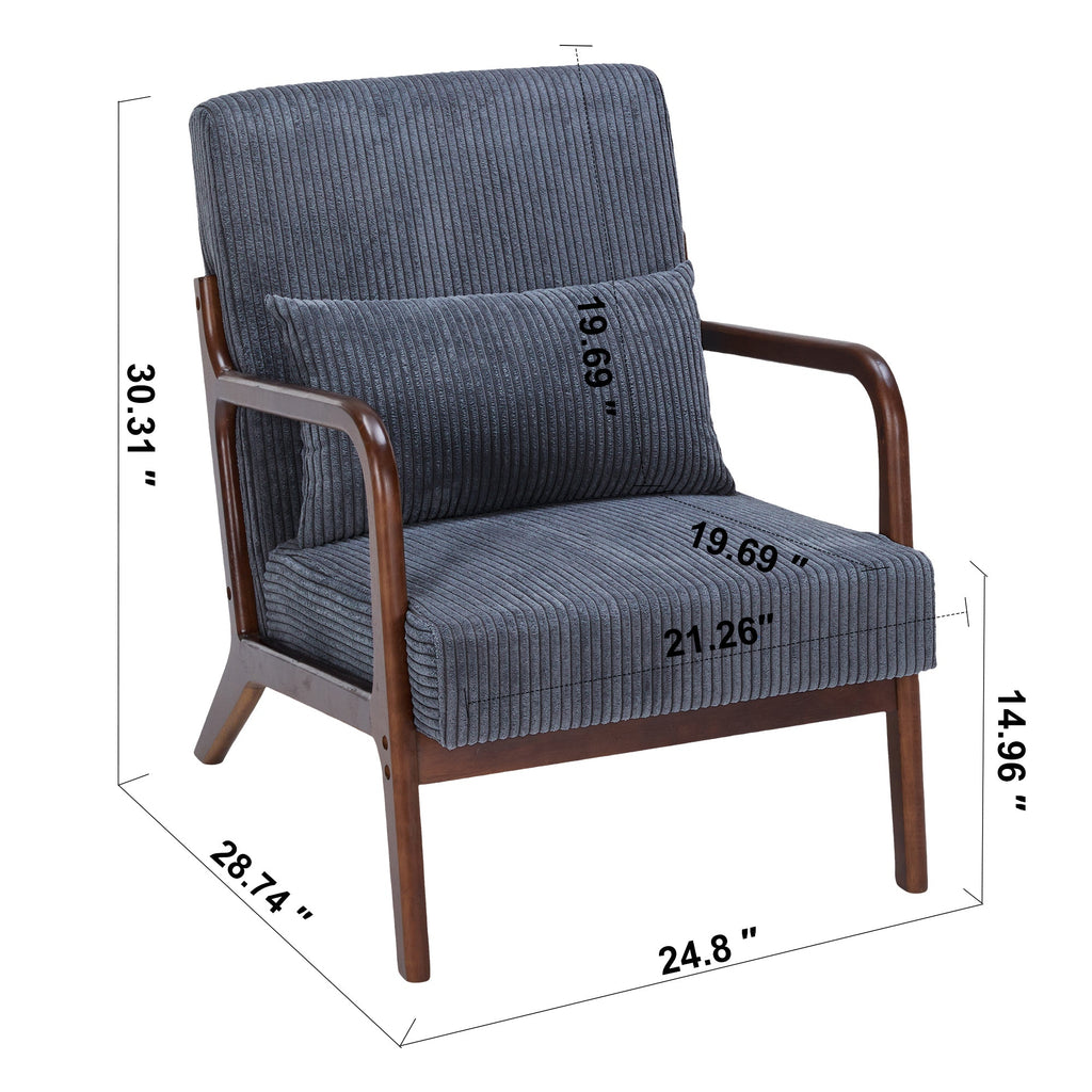 Mid-Century Modern Accent Chair with Pillow Upholstered in Antique Dark Grey Polyester and Solid Wood Frame(Antique Dark Grey)