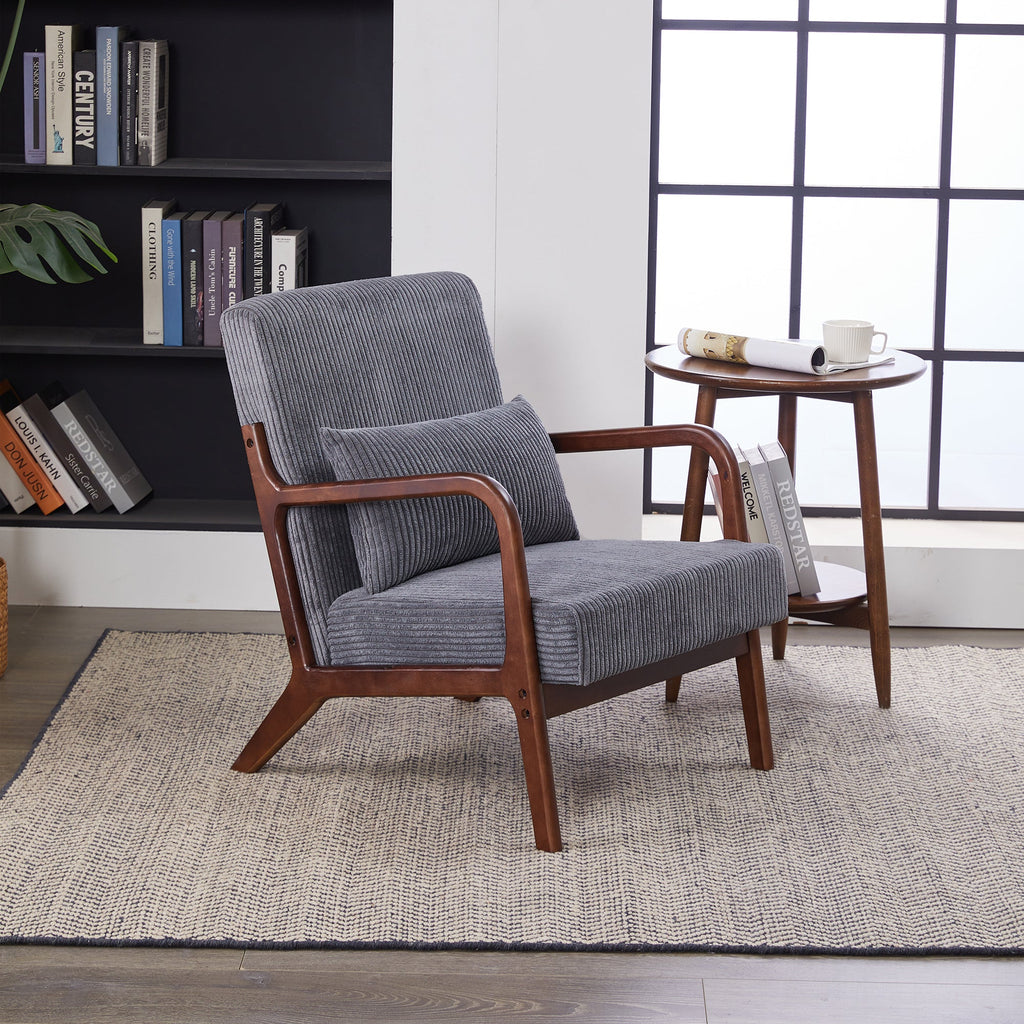 Mid-Century Modern Accent Chair with Pillow Upholstered in Antique Dark Grey Polyester and Solid Wood Frame(Antique Dark Grey)