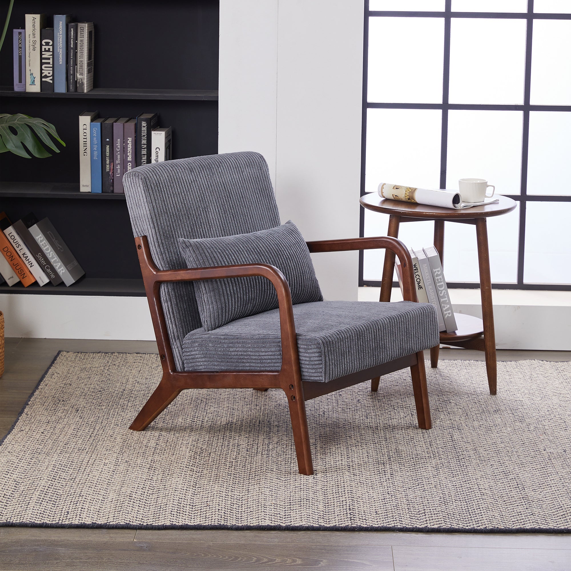 Mid-Century Modern Accent Chair with Pillow Upholstered in Antique Dark Grey Polyester and Solid Wood Frame(Antique Dark Grey)
