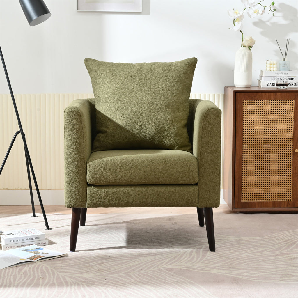Modern Fabric Accent Chair, Upholstered Armchair for Living Room, Mid Century Fabric Lounge Chair w/Pillow, Comfortable Reading Chair with Wood Legs for Living Room, Bedroom, Reception Room (Olive)