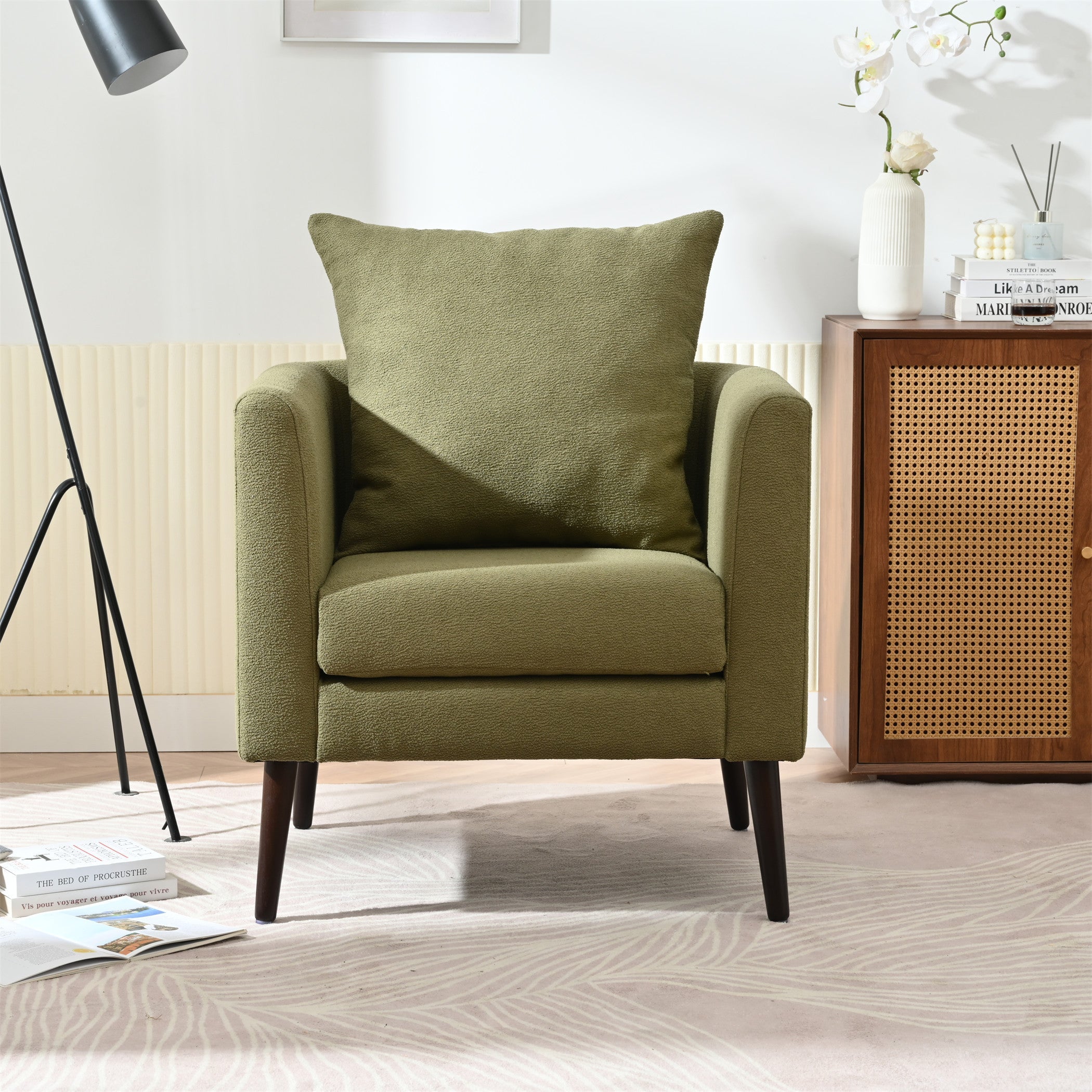 Modern Fabric Accent Chair, Upholstered Armchair for Living Room, Mid Century Fabric Lounge Chair w/Pillow, Comfortable Reading Chair with Wood Legs for Living Room, Bedroom, Reception Room (Olive)
