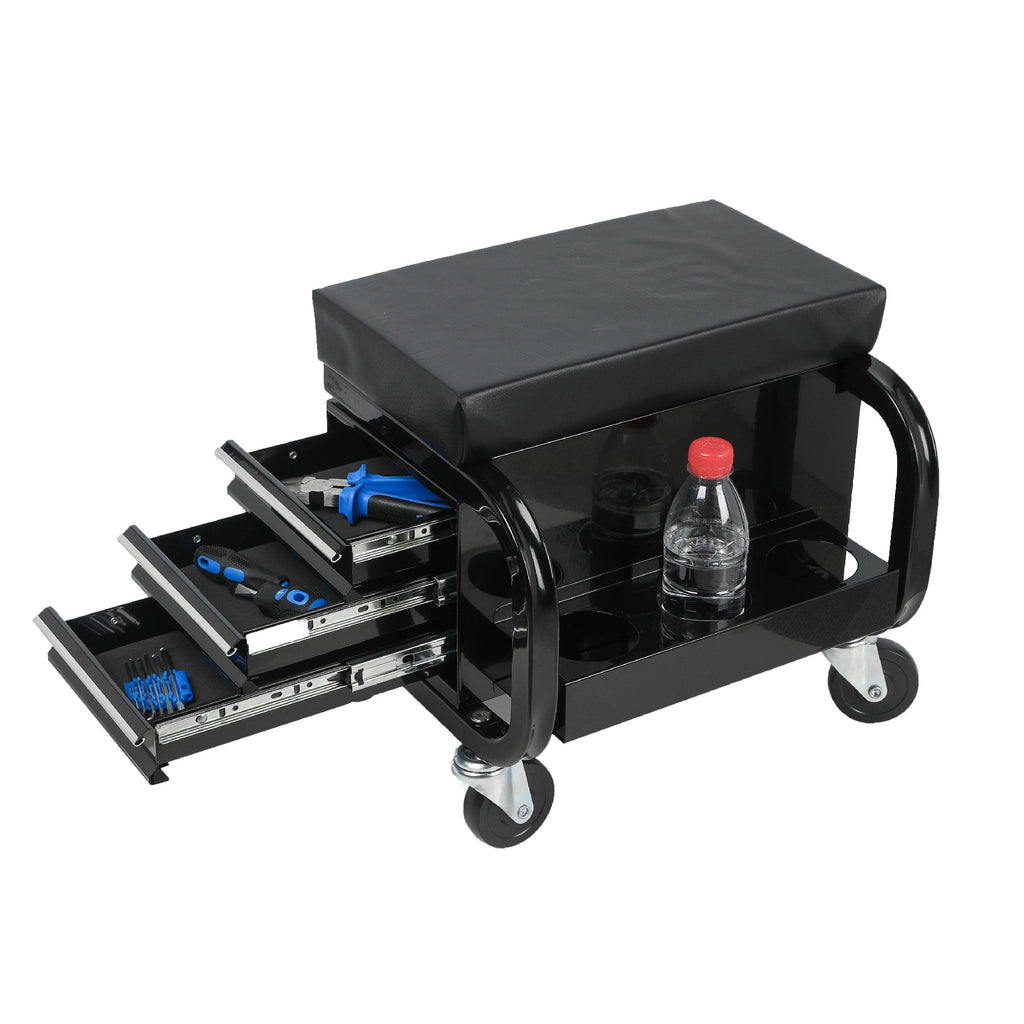Rolling Creeper Garage Seat with 3 Built-in Drawers, Rolling Tool Chest for Shop or Garage(Black)
