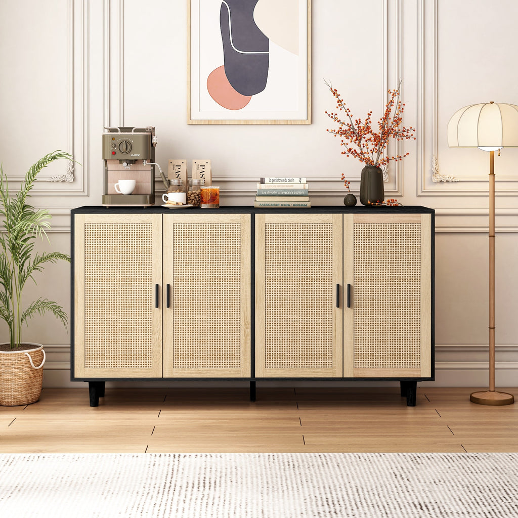 Elegant and Functional 4-Door Rattan Decorative Storage Cabinet for Bedroom, Living Room, Office, Black, Particle Board, 62.20'