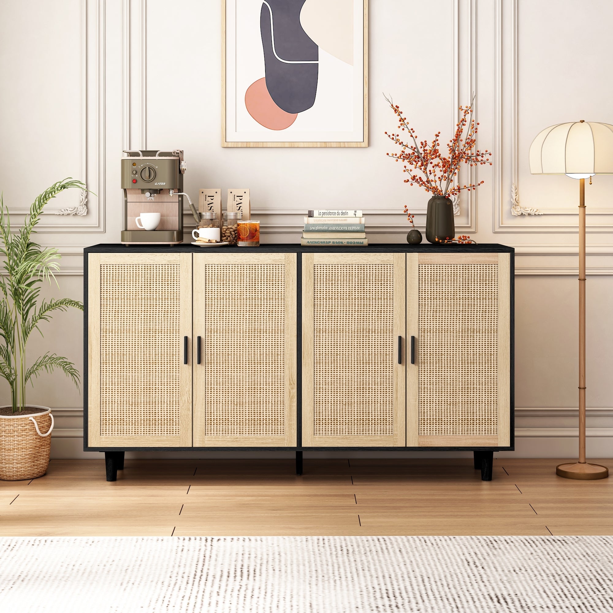 Elegant and Functional 4-Door Rattan Decorative Storage Cabinet for Bedroom, Living Room, Office, Black, Particle Board, 62.20'