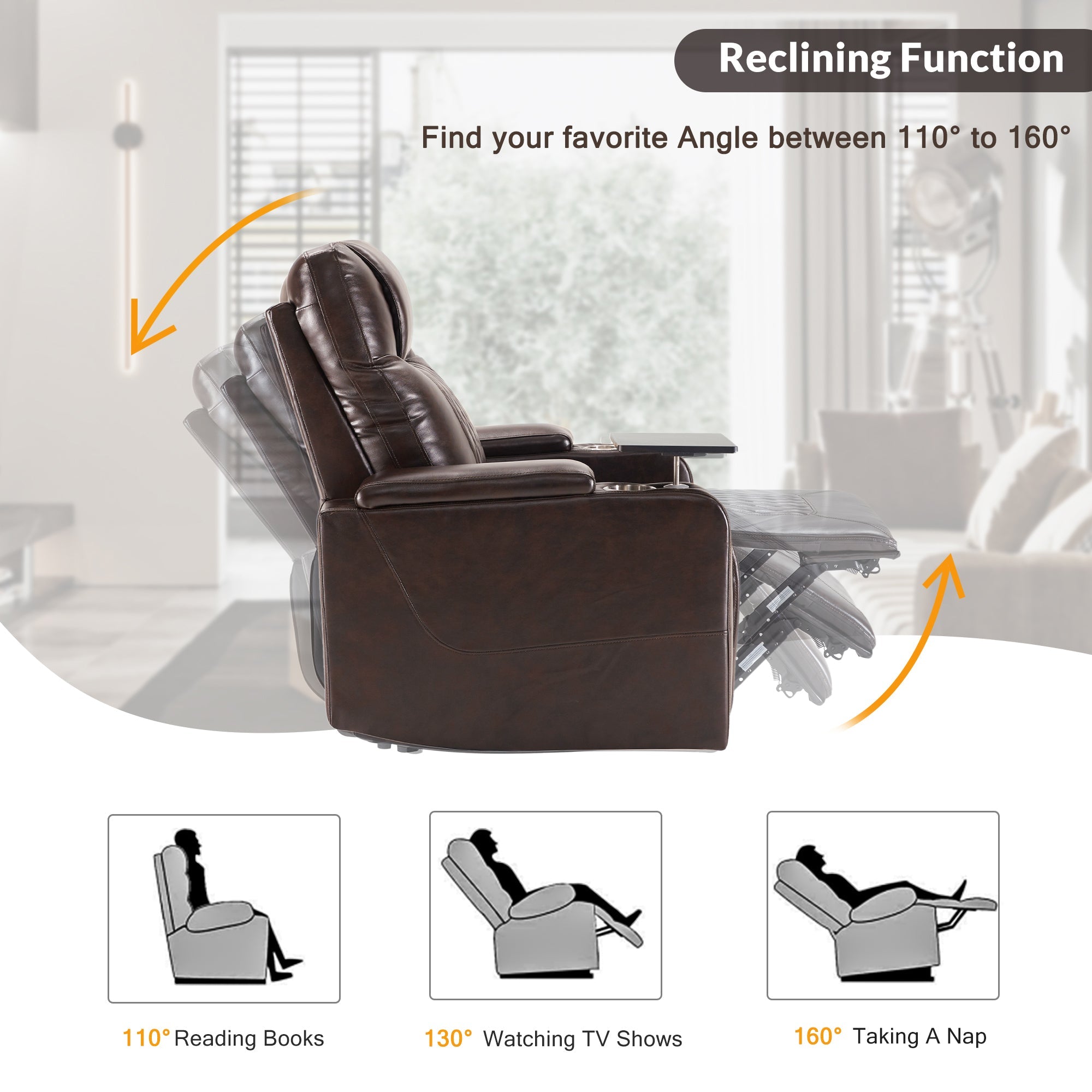 Power Motion Recliner with USB Charging Port, Hidden Arm Storage, 2 Cup Holders, 360° Swivel Tray Table, Brown PU Leather