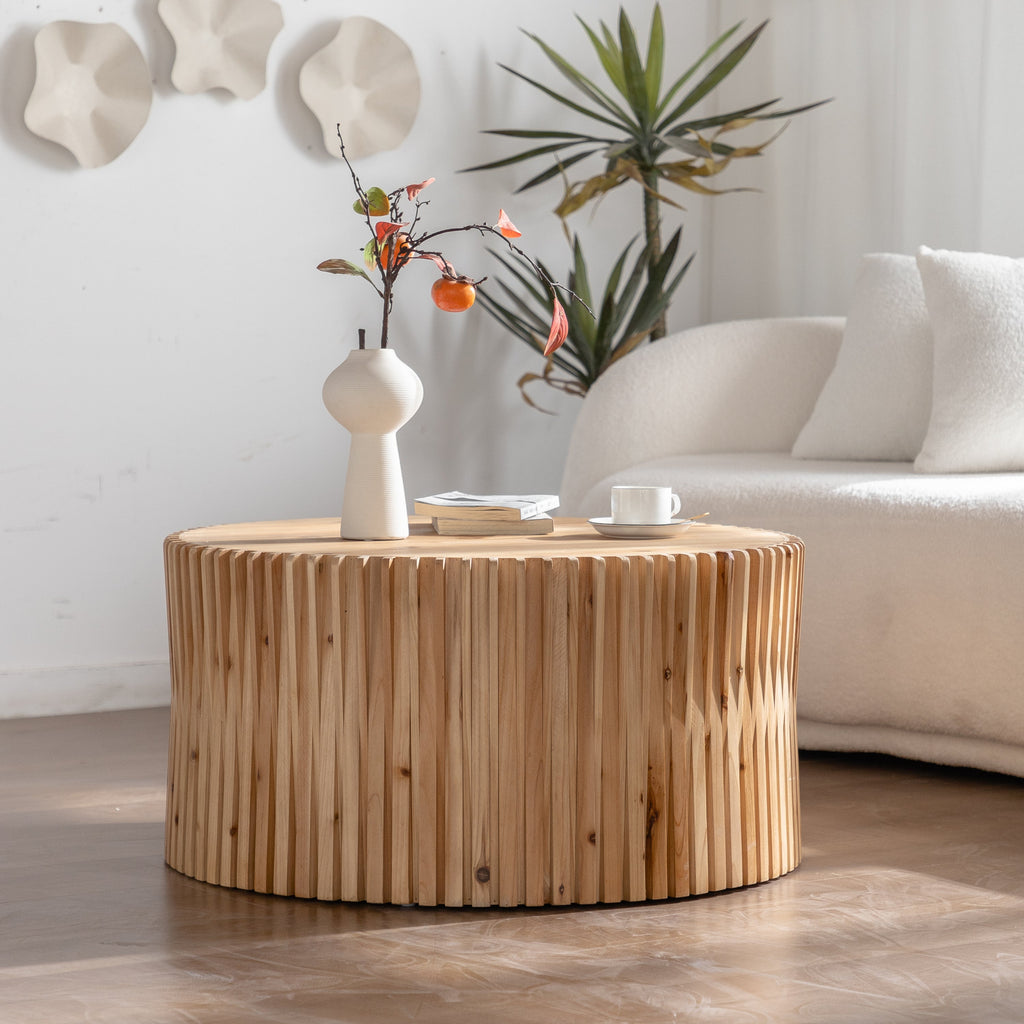 31.5' Retro Fashion Style Cylindrical Coffee Table with Vertical Texture Relief Design,Suitable for Living Room,Office,and Dining Room