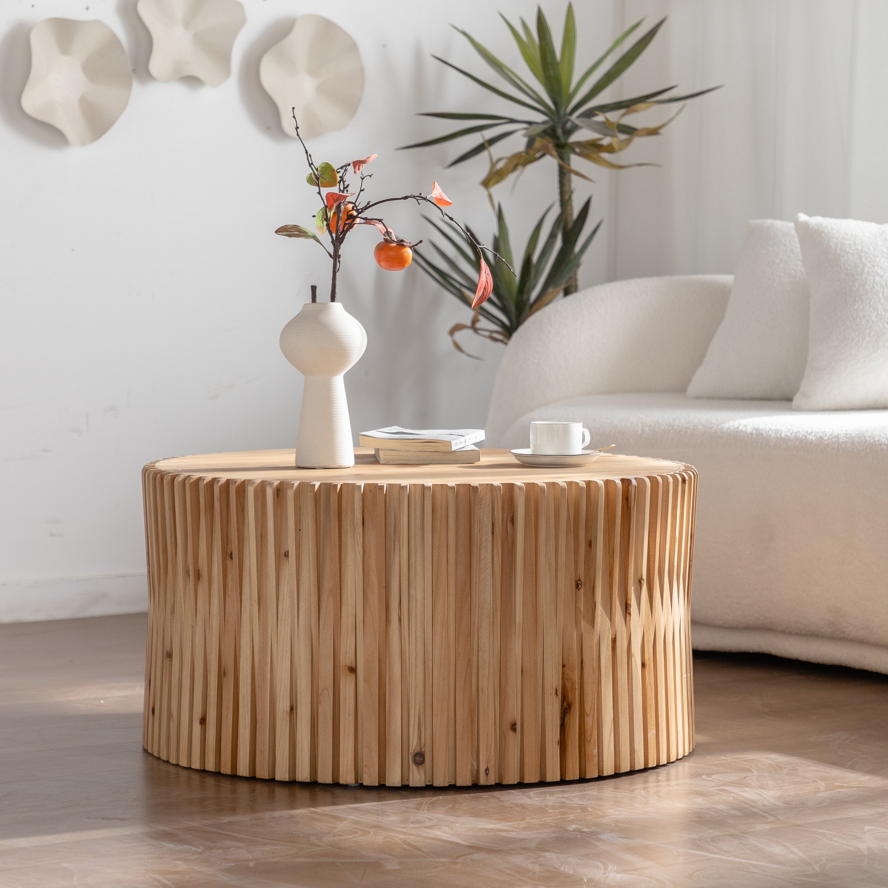 31.5' Retro Fashion Style Cylindrical Coffee Table with Vertical Texture Relief Design,Suitable for Living Room,Office,and Dining Room