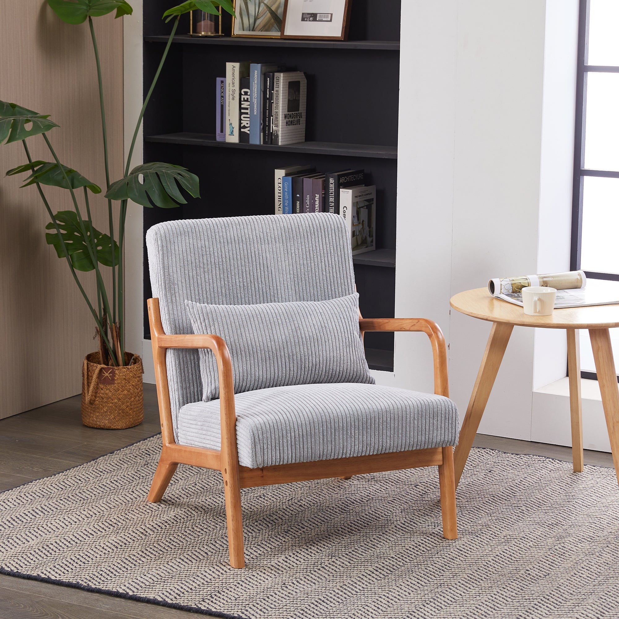 Mid-Century Modern Accent Chair with Pillow, Upholstered Arm Chair in Antique Dark Grey, Solid Wood Frame(Antique Dark Grey)