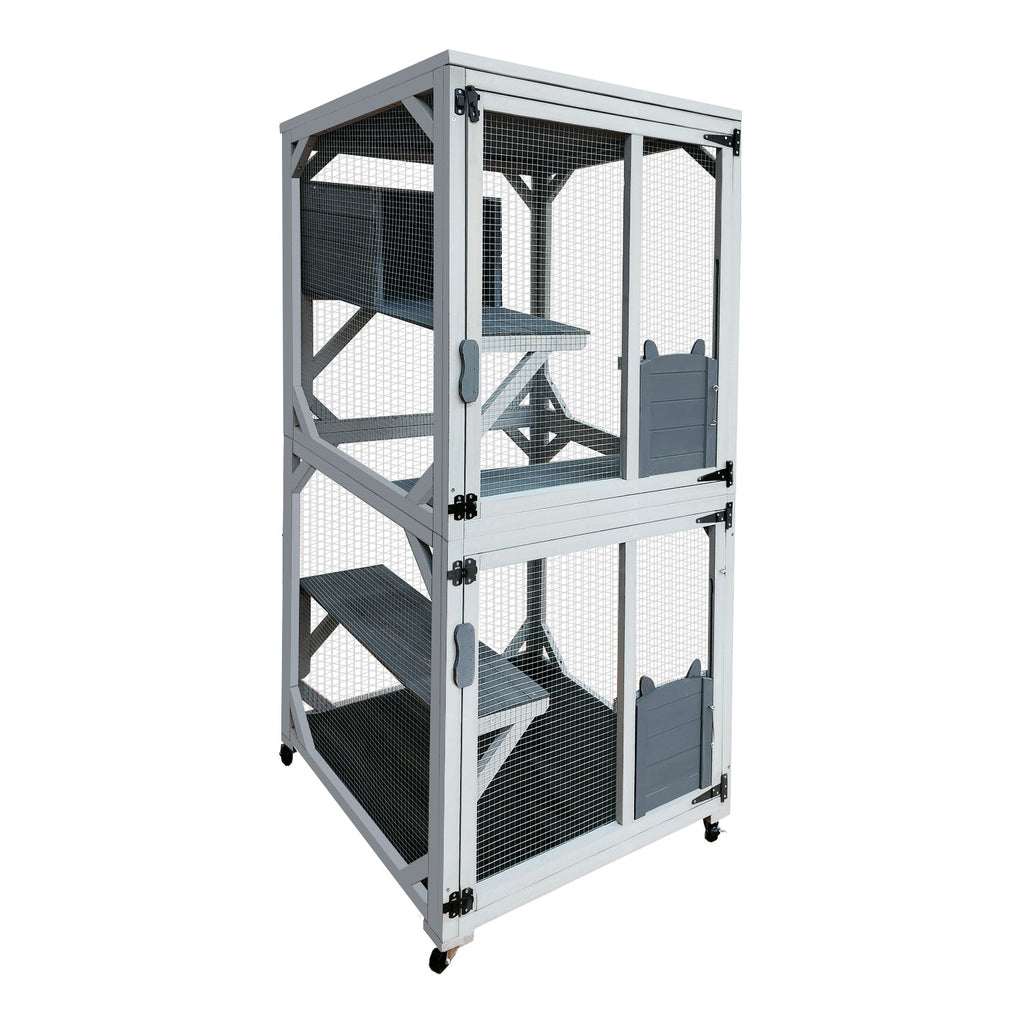 30.7'  Wooden Catio Outdoor Cat Enclosure, Luxury Cat House on Wheels with Napping House, 4 Platforms & Weatherproof Asphalt Roof, Large Kitty Cat Condo Cage Shelter Playpen with Sliding Doors