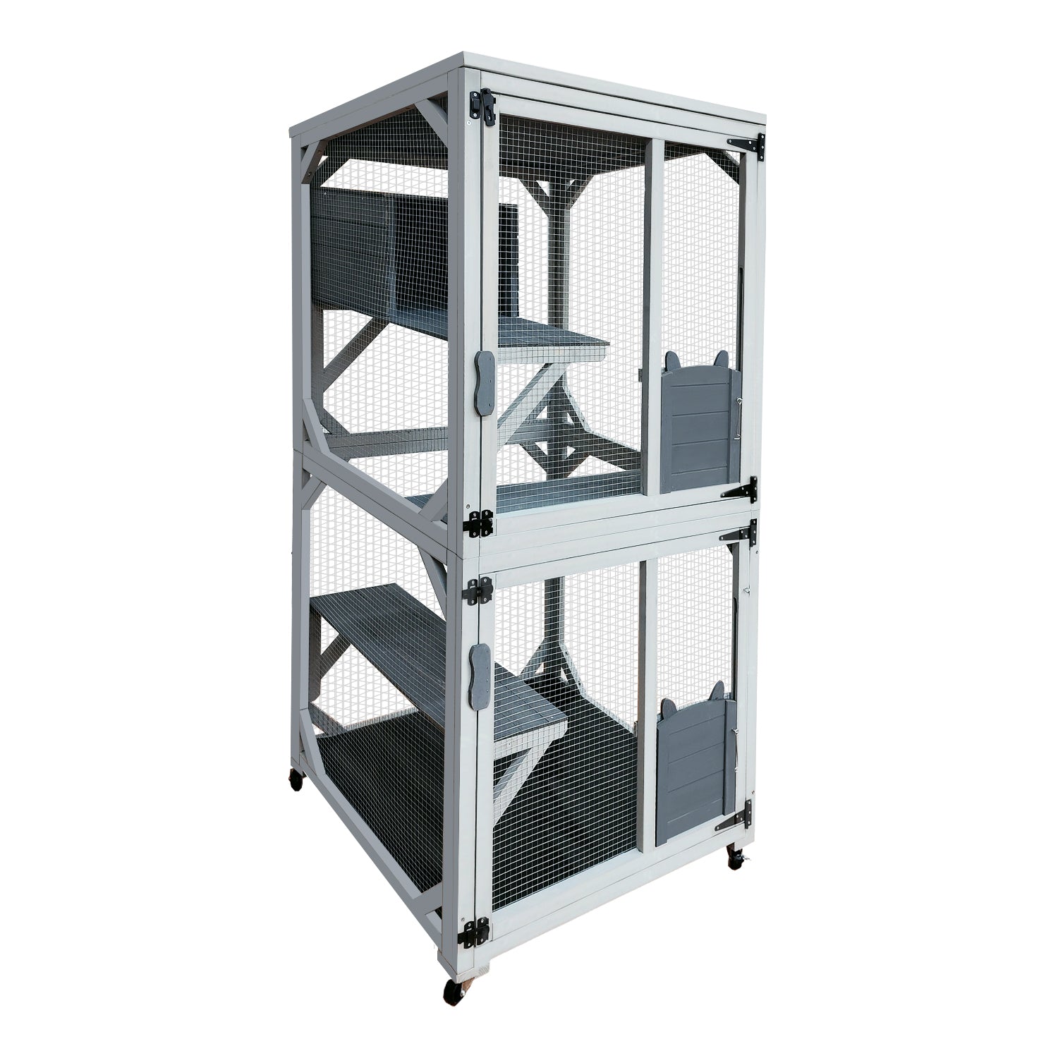 30.7'  Wooden Catio Outdoor Cat Enclosure, Luxury Cat House on Wheels with Napping House, 4 Platforms & Weatherproof Asphalt Roof, Large Kitty Cat Condo Cage Shelter Playpen with Sliding Doors