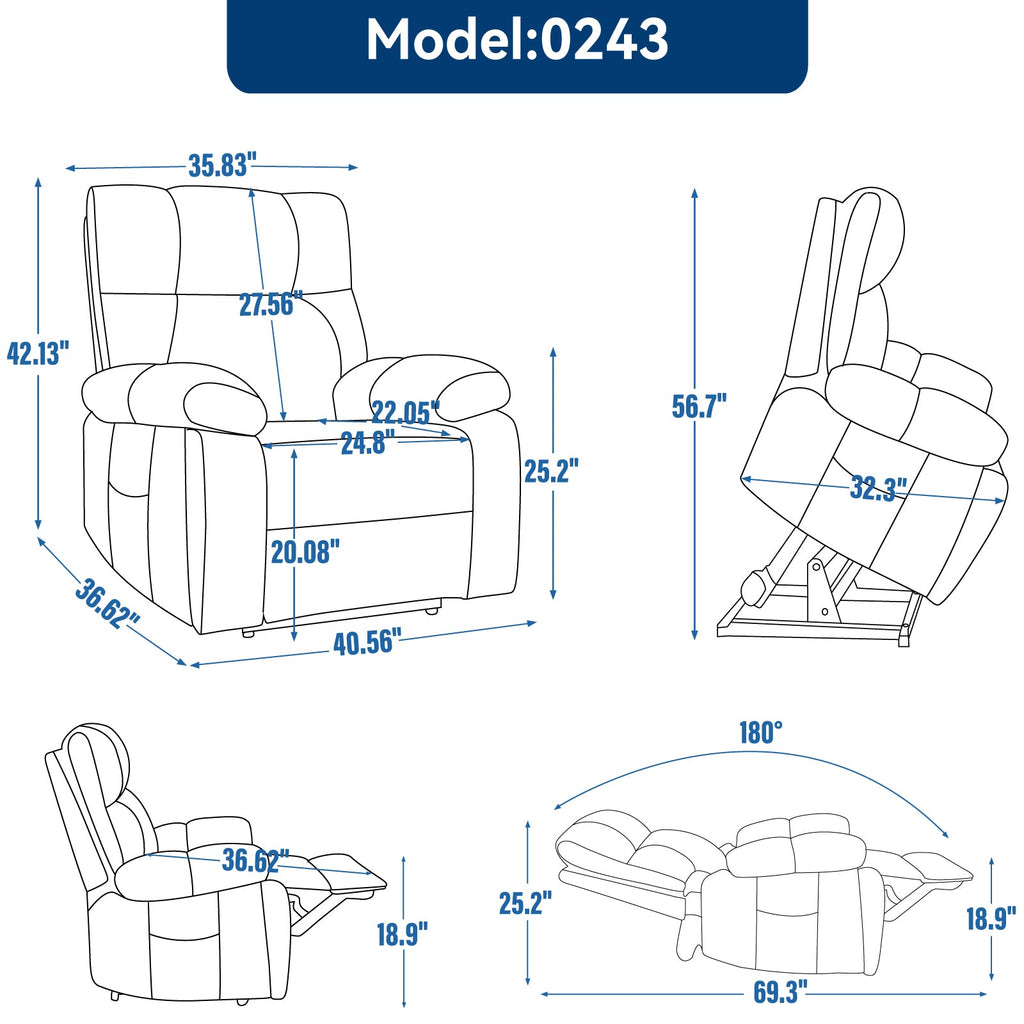 Blue Heat Massage Dual Motor Infinite Position Up to 350 LBS Large Electric Power Lift Recliners with Hidden Cup Holders, Power-Remote, Medium-firm and Heavy Duty
