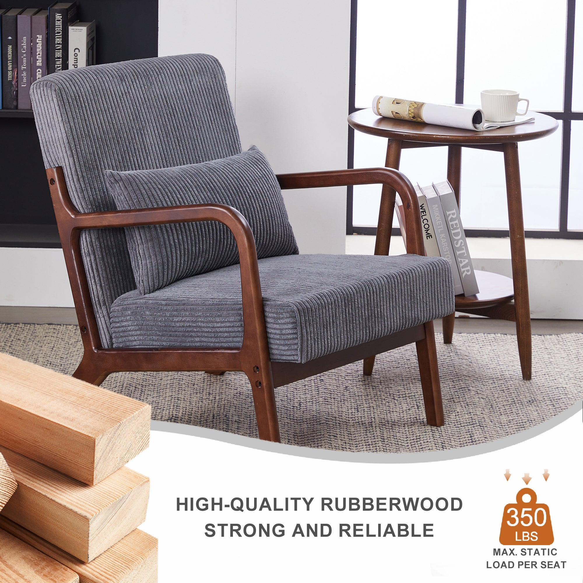 Mid-Century Modern Accent Chair with Pillow Upholstered in Antique Dark Grey Polyester and Solid Wood Frame(Antique Dark Grey)