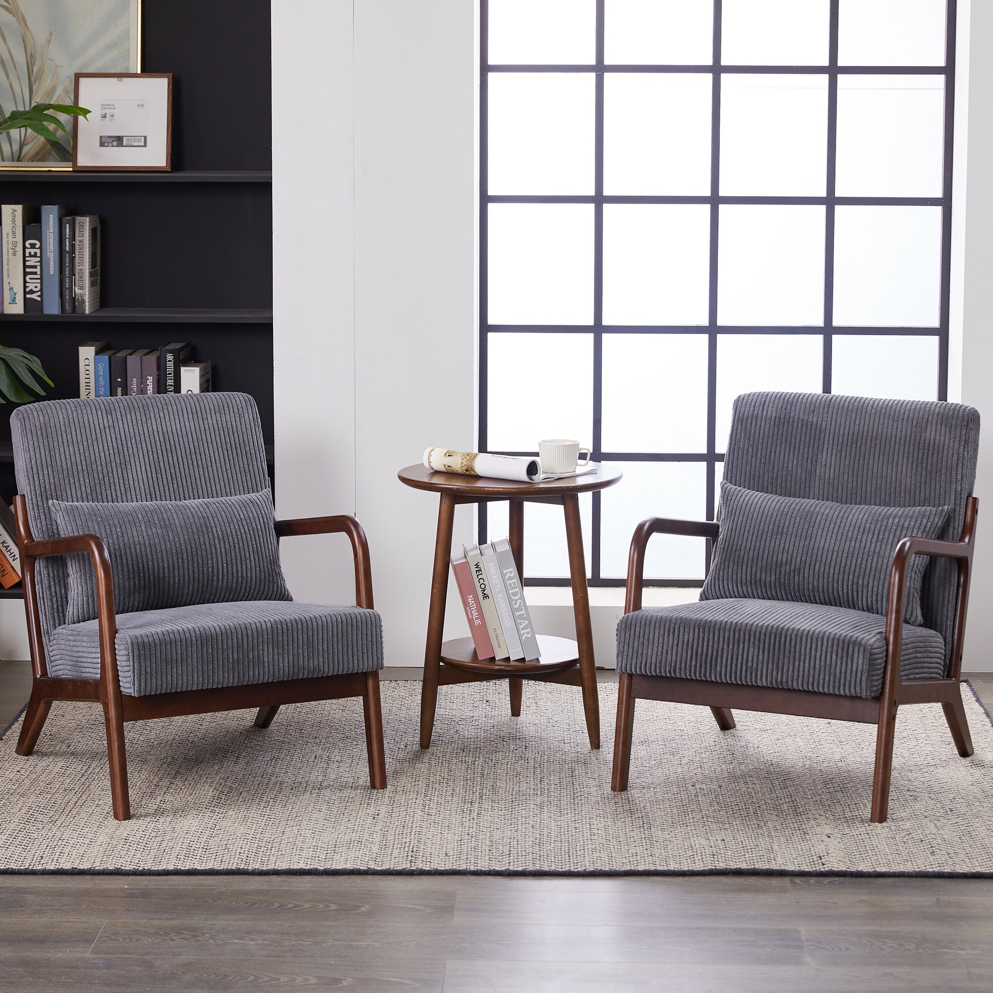 Mid-Century Modern Accent Chair with Pillow Upholstered in Antique Dark Grey Polyester and Solid Wood Frame(Antique Dark Grey)