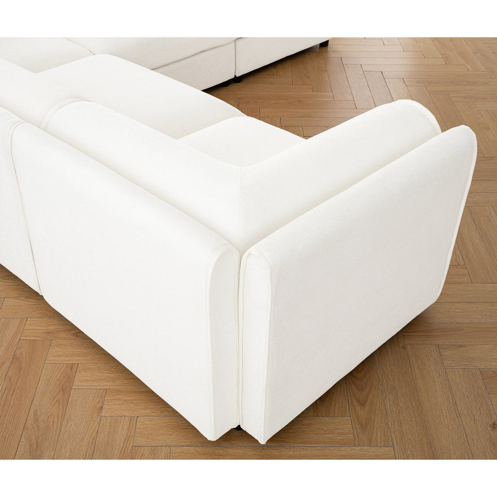 Elegant White Chenille  Sofa with Storage Seat and Ottoman, U-Shaped 3-Seater Cylindrical Backrest and Armrests, Contemporary 3-Seater Fabric Couch with Hidden Storage Compartment
