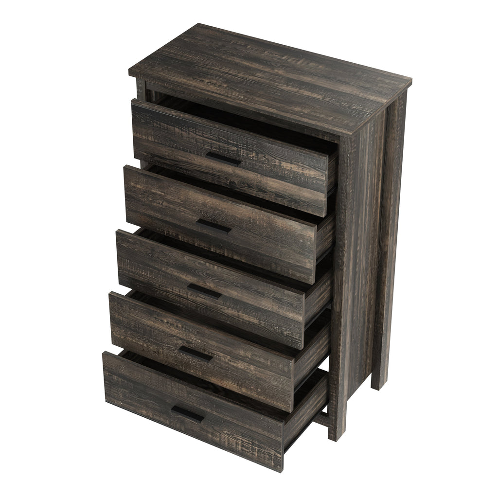 4PCS Bedroom Sets, Wooden Queen Size Bed Frame with Storage Headboard and Charging Station, 2 Nightstands with 2 Drawers, 1 Dresser with 5 Drawers, Antique Gray