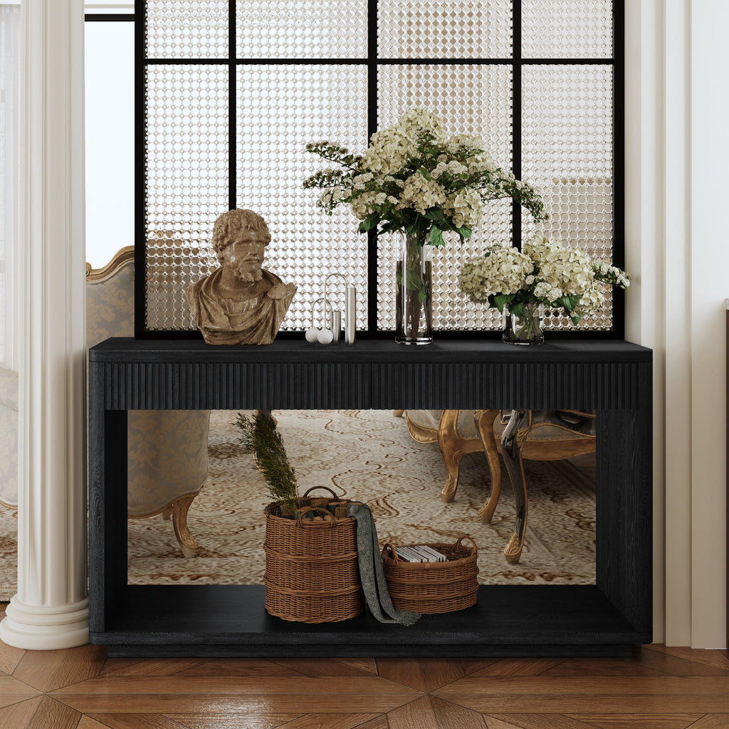 60' Modern 2-Drawer Fluted Console Table Natural Wood Veneer Sofa Table Behind Couch Table for Living Room, Hallway, Entryway, Home Office, Black