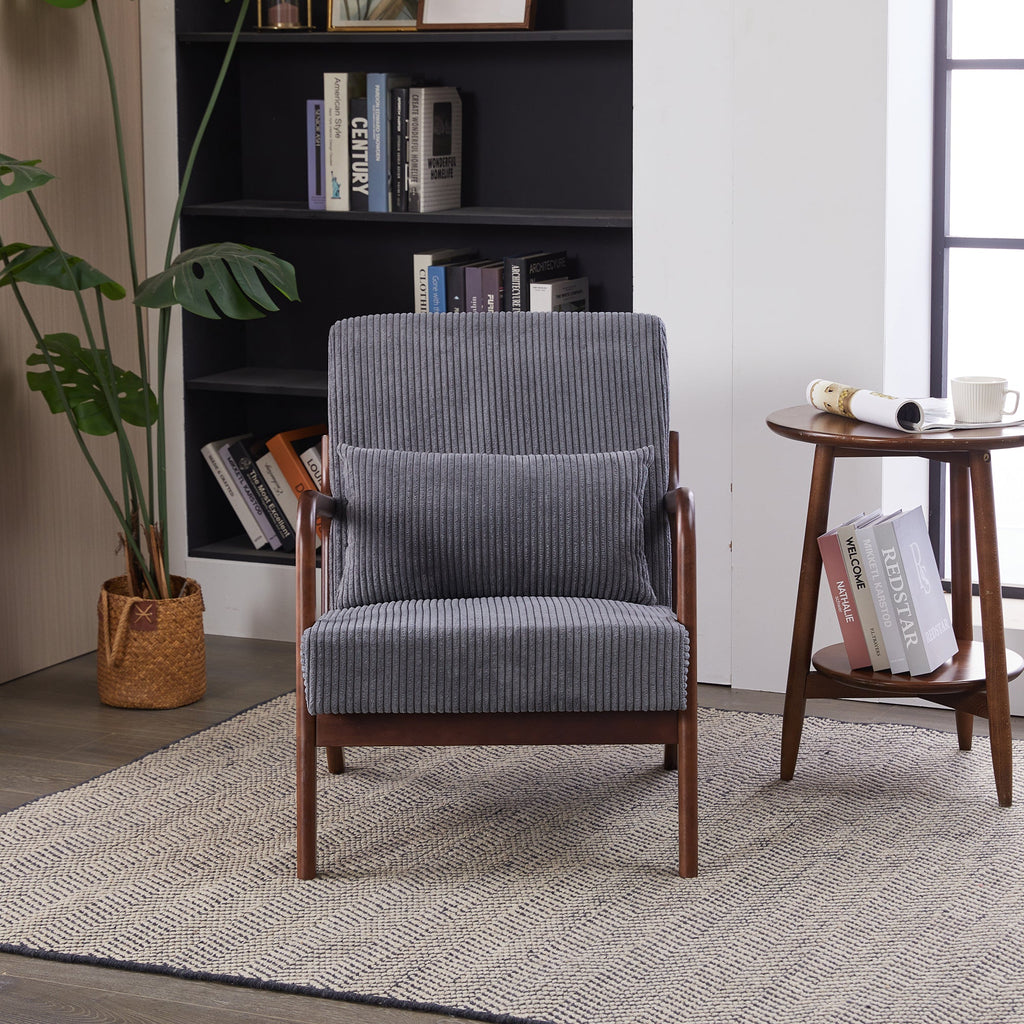 Mid-Century Modern Accent Chair with Pillow Upholstered in Antique Dark Grey Polyester and Solid Wood Frame(Antique Dark Grey)