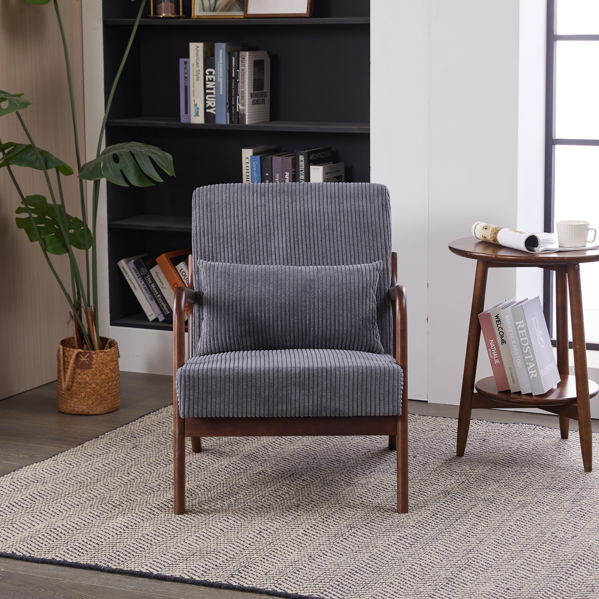 Mid-Century Modern Accent Chair with Pillow Upholstered in Antique Dark Grey Polyester and Solid Wood Frame(Antique Dark Grey)