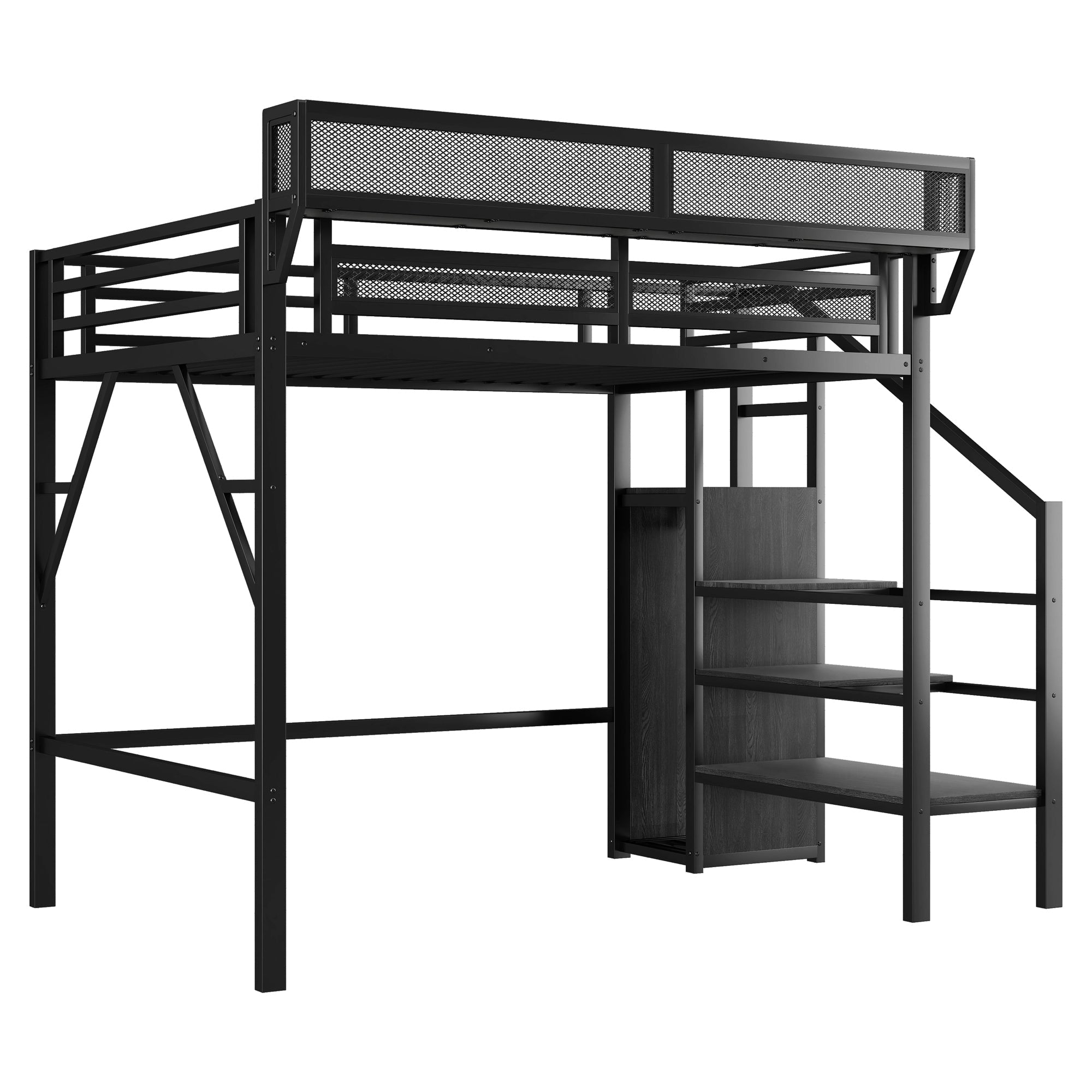 Twin XL Size Loft Bed with Stairs, Metal Full Loft Bed with Storage Shelves, High Loft Bed with Wardrobe for Kids Teens, Black(Expect Arrival Date 2025/10/14)