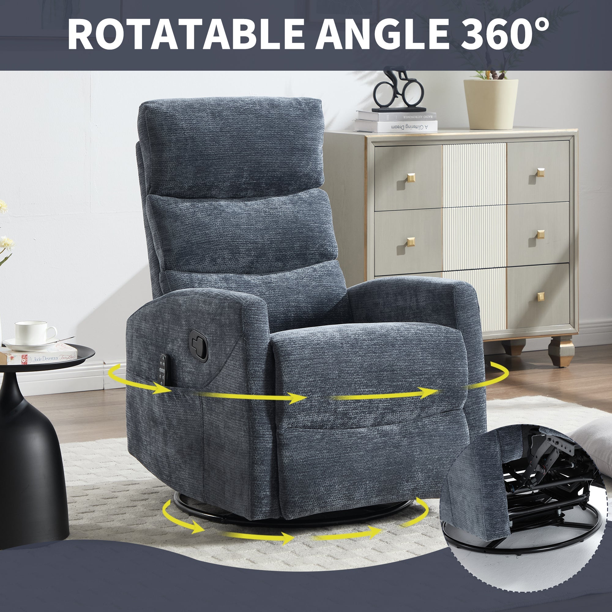 Heat Massage Manual Recliner Chair with Rocker and Swivel in Fabric for Living Room, Blue