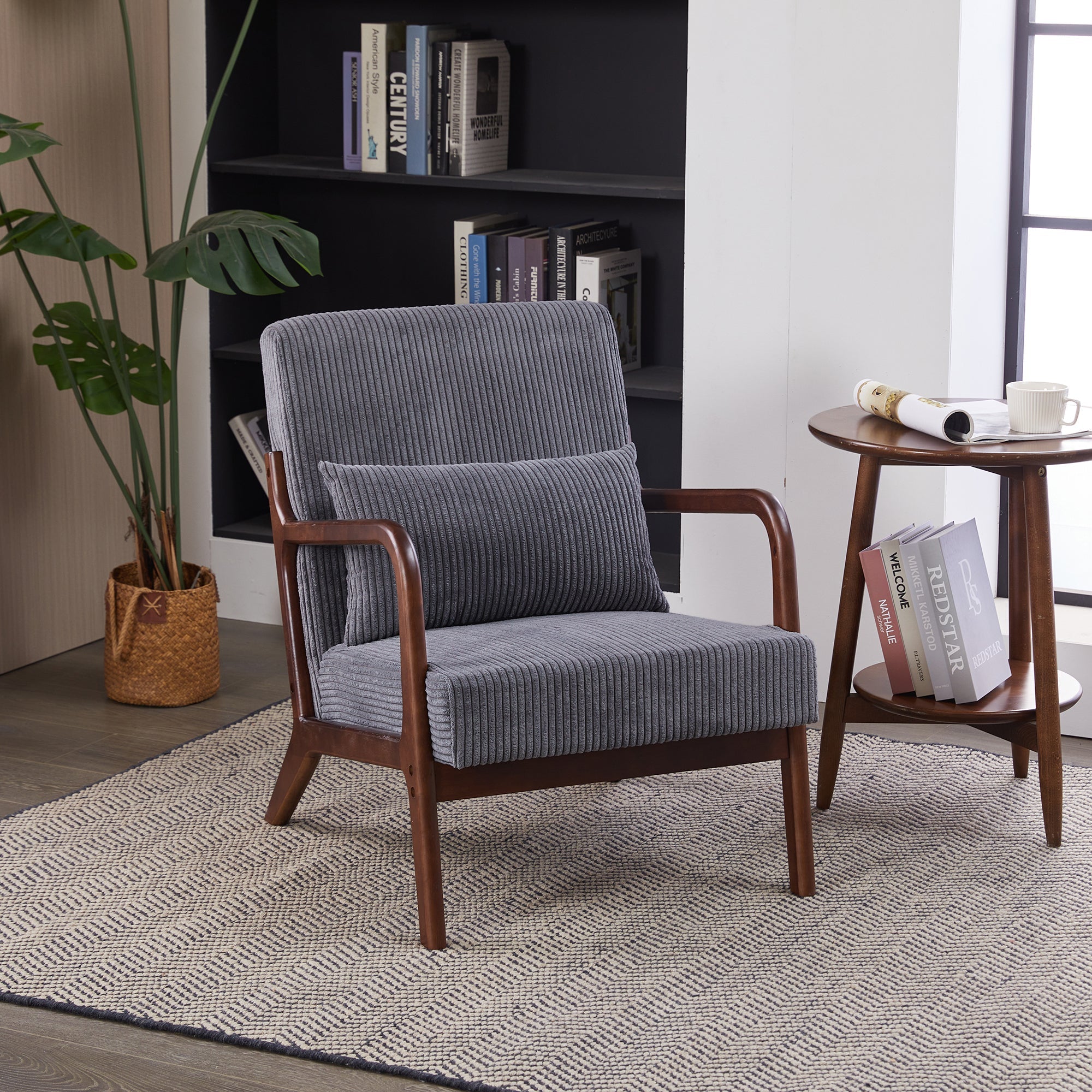 Mid-Century Modern Accent Chair with Pillow Upholstered in Antique Dark Grey Polyester and Solid Wood Frame(Antique Dark Grey)