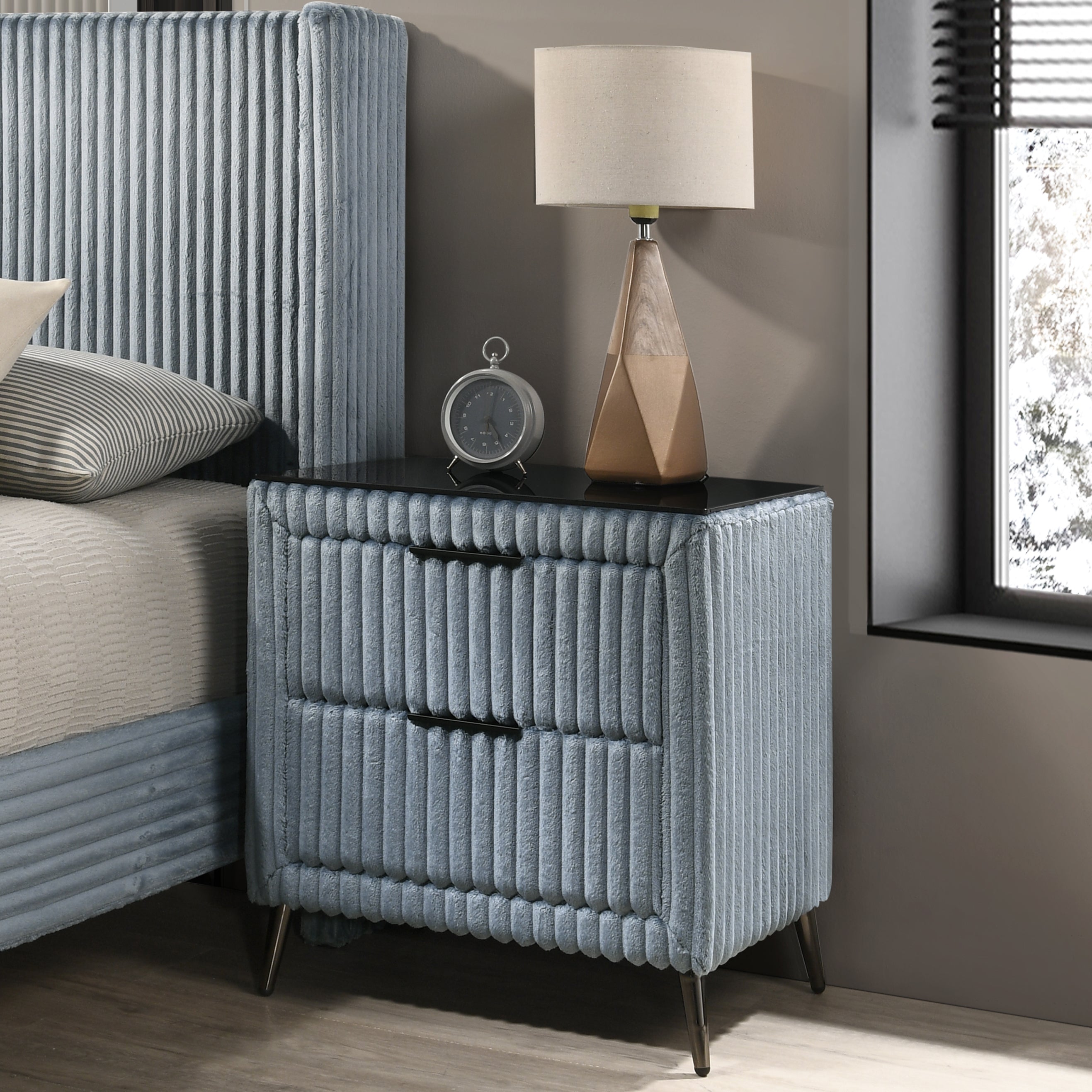 Mavela Wide Wale Corduroy Upholstery Panel Queen Bed with 2 Nightstands and Bench, Blue