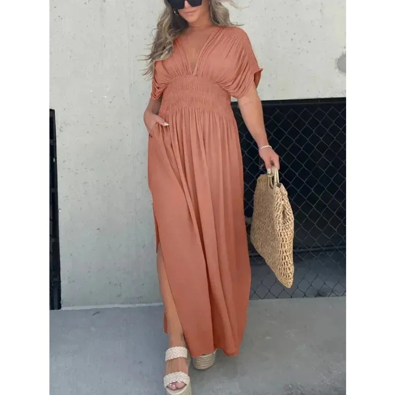 Bat-sleeved V-neck Slit  Elastic Waist Long Dress