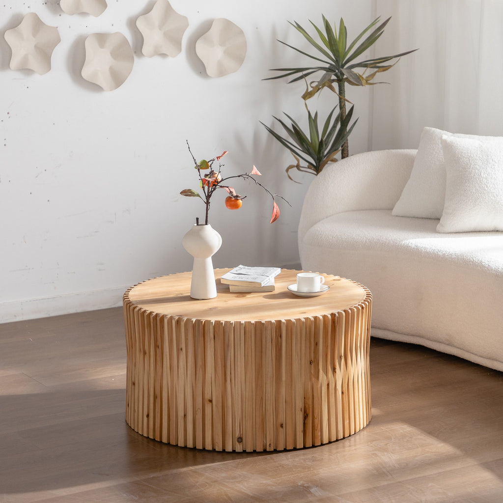 31.5' Retro Fashion Style Cylindrical Coffee Table with Vertical Texture Relief Design,Suitable for Living Room,Office,and Dining Room