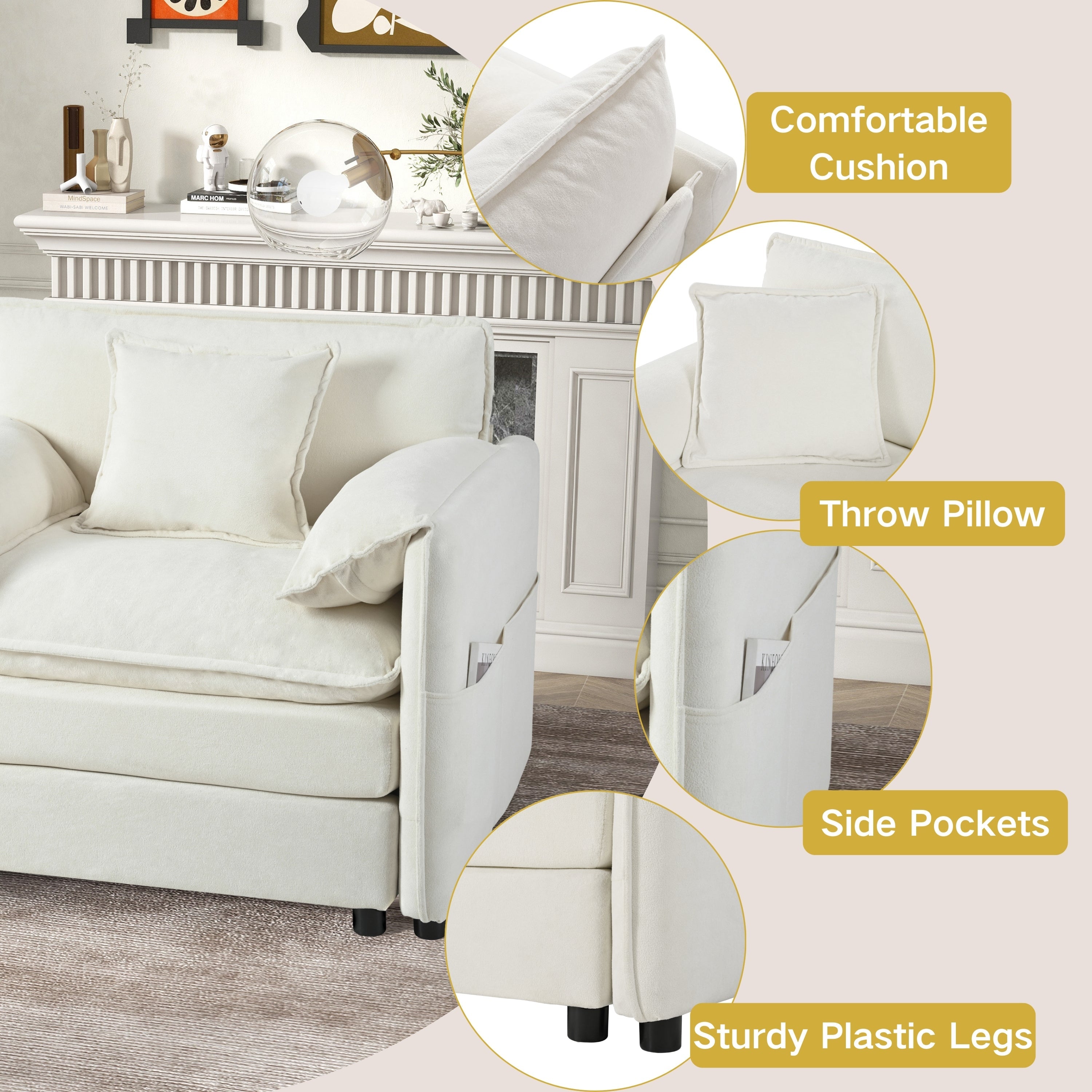 Modular Sectional Sofa, Oversized Deep Seat U Shaped Couch Set for Living Room, 3-Seater Comfy Cloud Couches with 2 Movable Ottomans, DIY Combination, Chenille,Beige