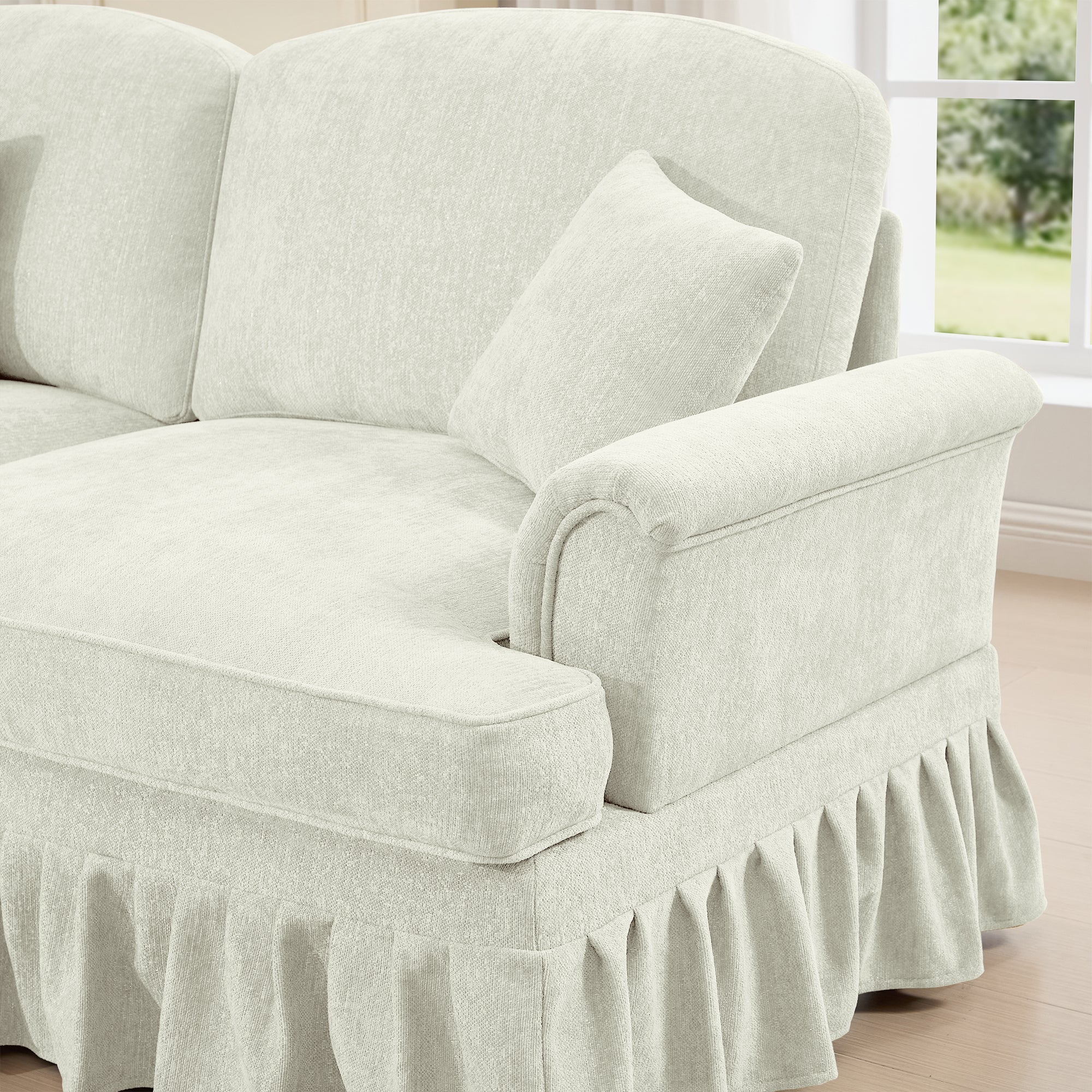 Classic 2 Piece Modular Couch Living Room Sofa Set with Flared Arms and Removable Ruffles Pleats Skirts and Spindle Legs, 2 Seater Sofa + 2-Seat Loveseat Sofa Sets for Living Room, Beige White