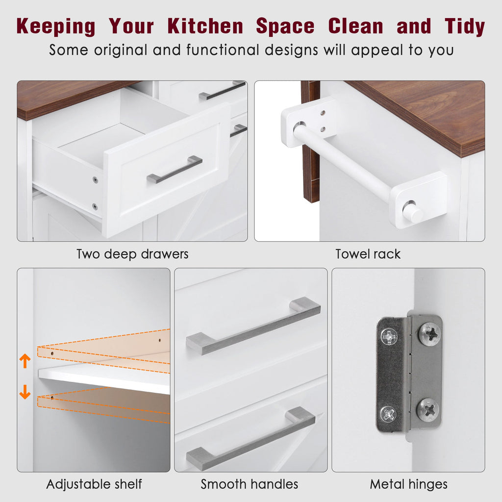 K&K 47.2' Farmhouse Kitchen Island with Drop Leaf, Kitchen Storage Island with Removable Side Racks, Two Drawers, Rolling Kitchen Cart on Wheels with Towel Rack, for Home, Kitchen, Dining Room, White