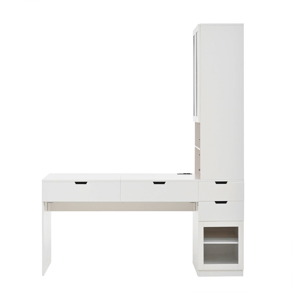 Versatile Makeup Vanity Desk with Mirror and Charging Station, Dressing Table with 8 Hidden Storage Compartments, Computer Desk with 3 Drawers, 2 Cabinets and Open Shelves,Home Office Desk, White