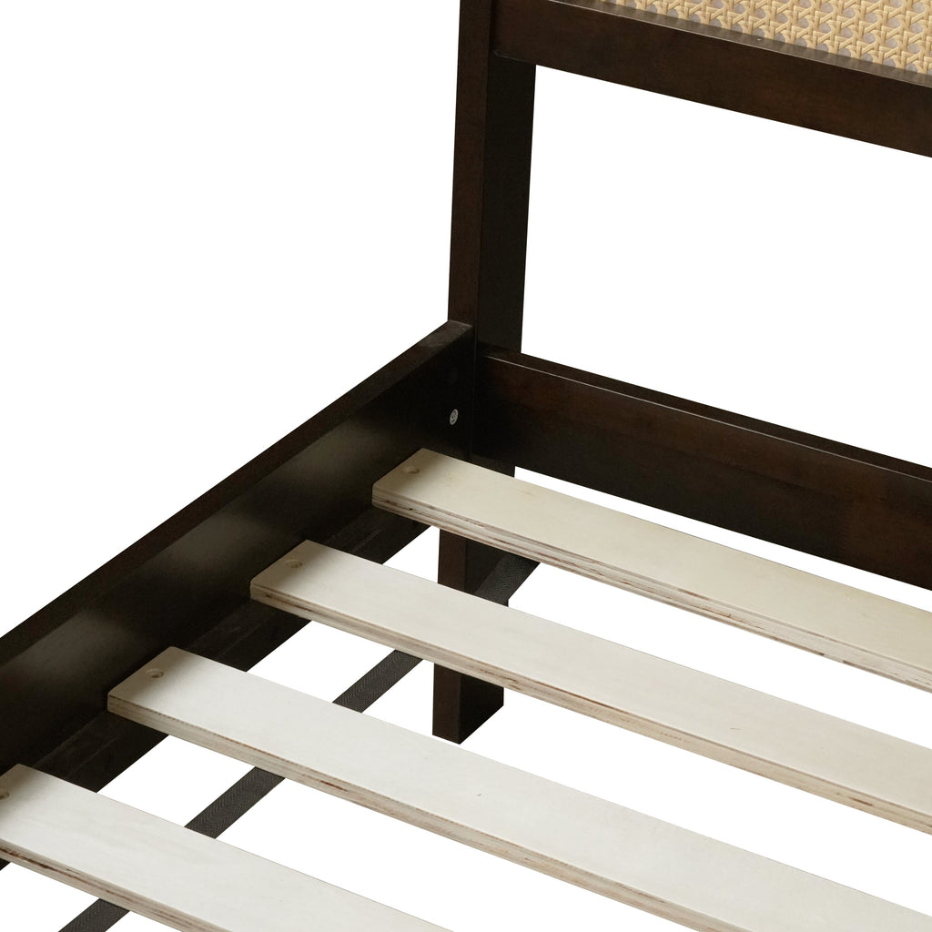 King Size Bed with Rattan Headboard, Two Storage Drawers, Rubber Wood Bed with Enhanced  Support Salts and Feet,Espresso