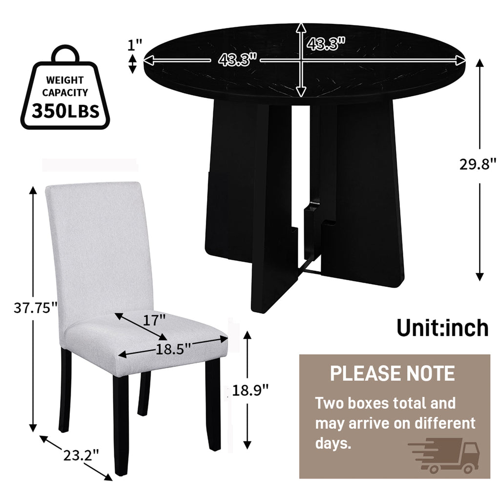 5-Piece Round Dining Table set, 43-Inch Modern Dining Table and 4 Upholstered Chairs for Dining Room, Kitchen Room, Living Room, Easy Assembly