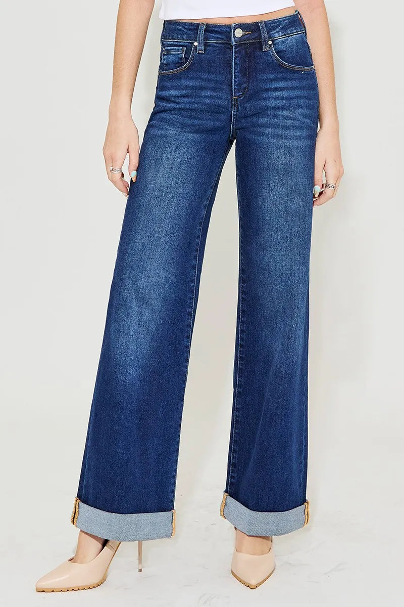 RISEN Full Size Tummy Control High Rise Wide Leg Cuffed Jeans Plus Size