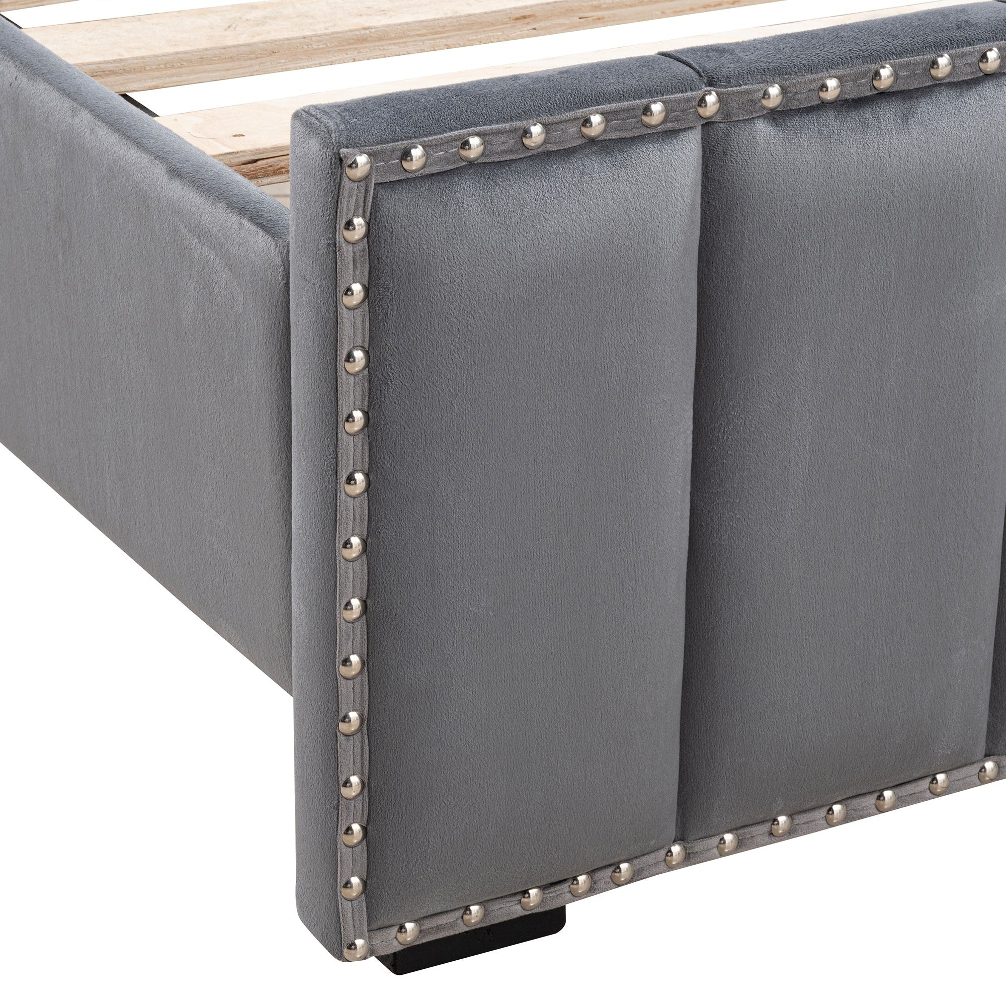 Contemporary 3pc Bedroom Set Queen Size Bed 2x Nightstands Bedroom Furniture Dark Gray Fabric Upholstered Bedframe w LED Nailhead Trim