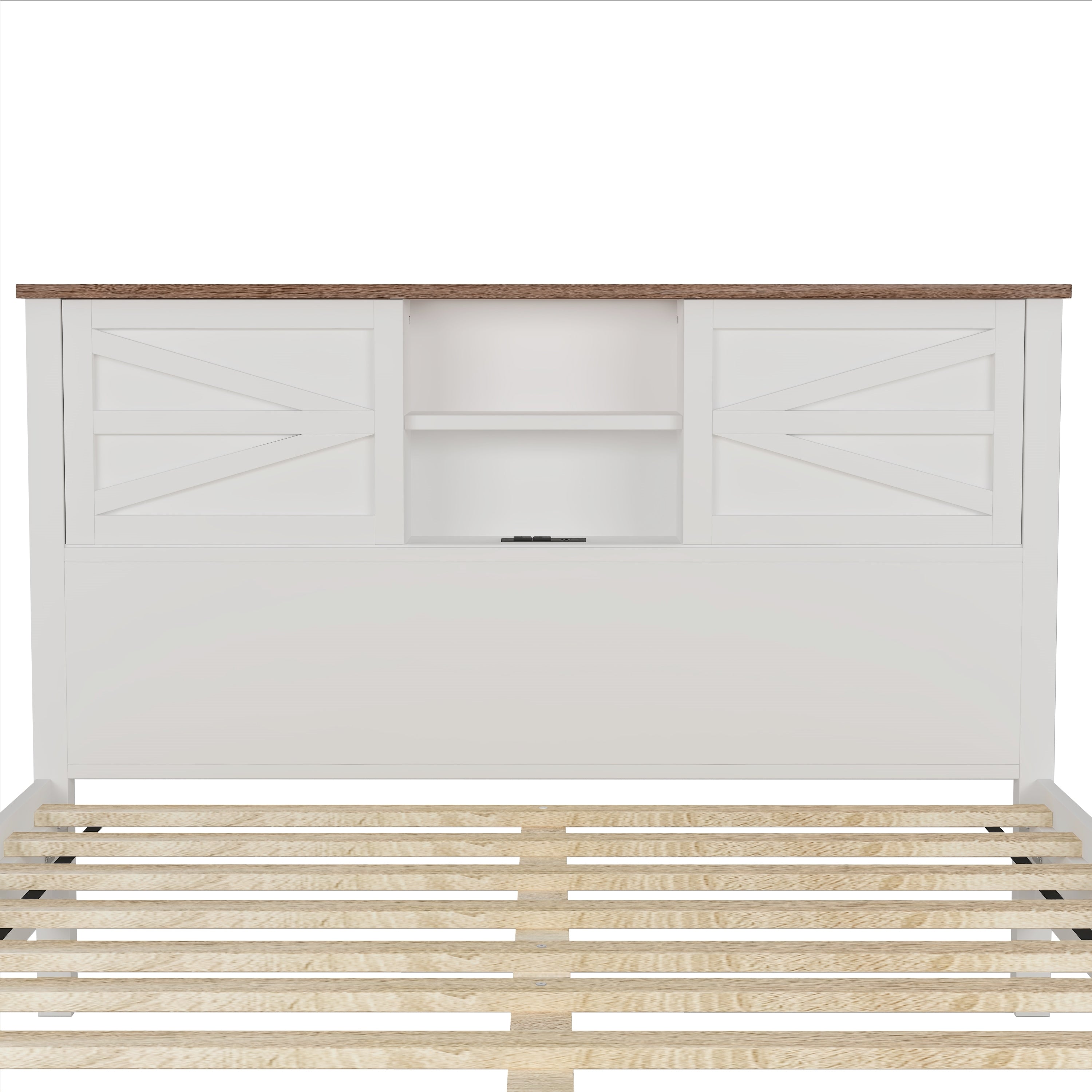3-Pieces Bedroom Sets Full Size Farmhouse Platform Bed with Double Sliding Door Storage Headboard and Charging Station, Storage Nightstand and Dresser, White+Brown(Old SKU HL000091AAK)