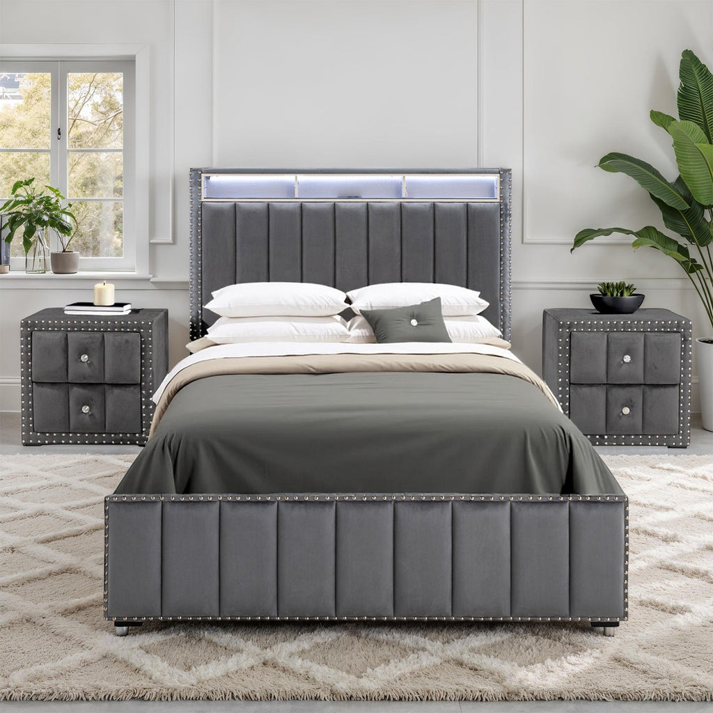 Contemporary 3pc Bedroom Set Queen Size Bed 2x Nightstands Bedroom Furniture Dark Gray Fabric Upholstered Bedframe w LED Nailhead Trim
