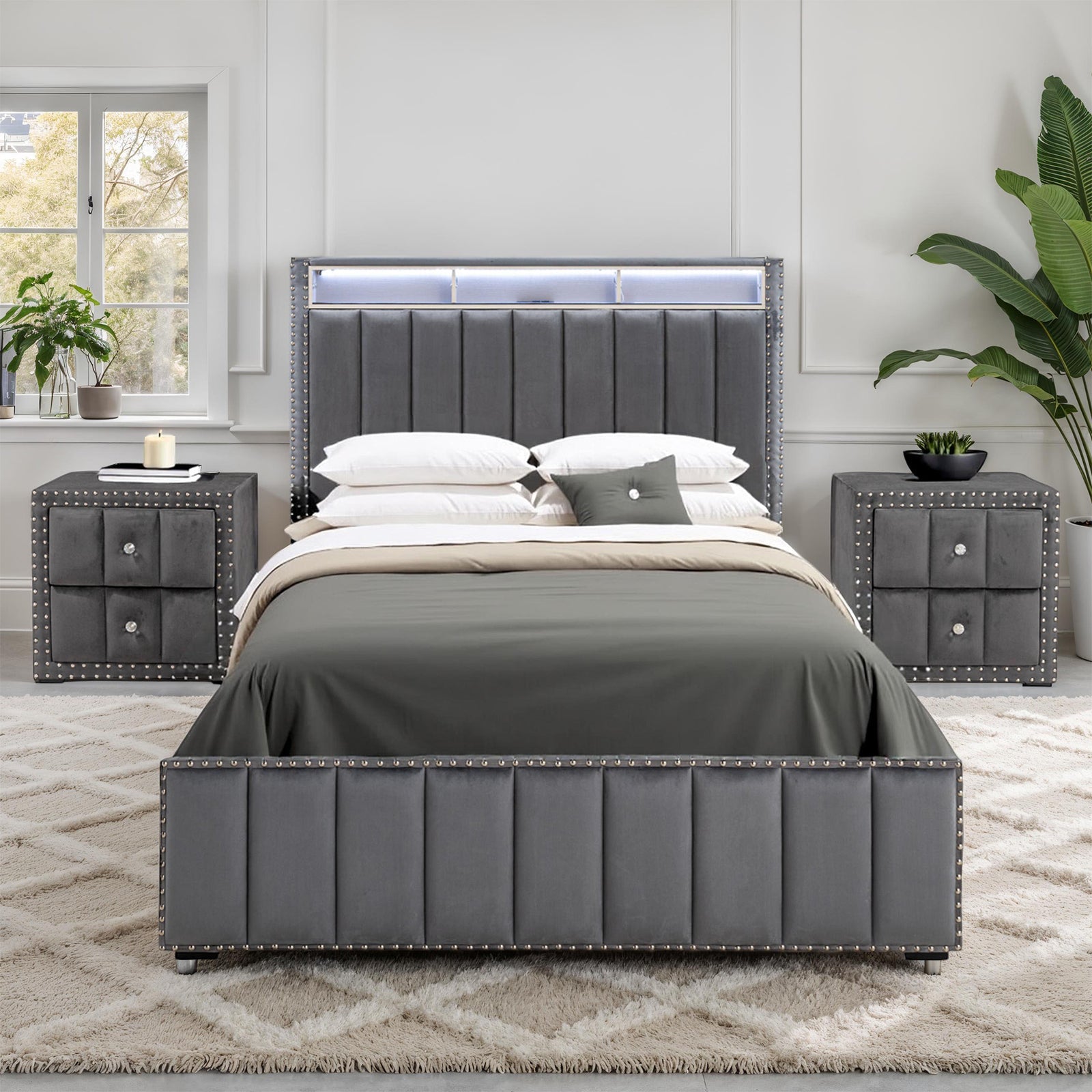 Contemporary 3pc Bedroom Set Queen Size Bed 2x Nightstands Bedroom Furniture Dark Gray Fabric Upholstered Bedframe w LED Nailhead Trim