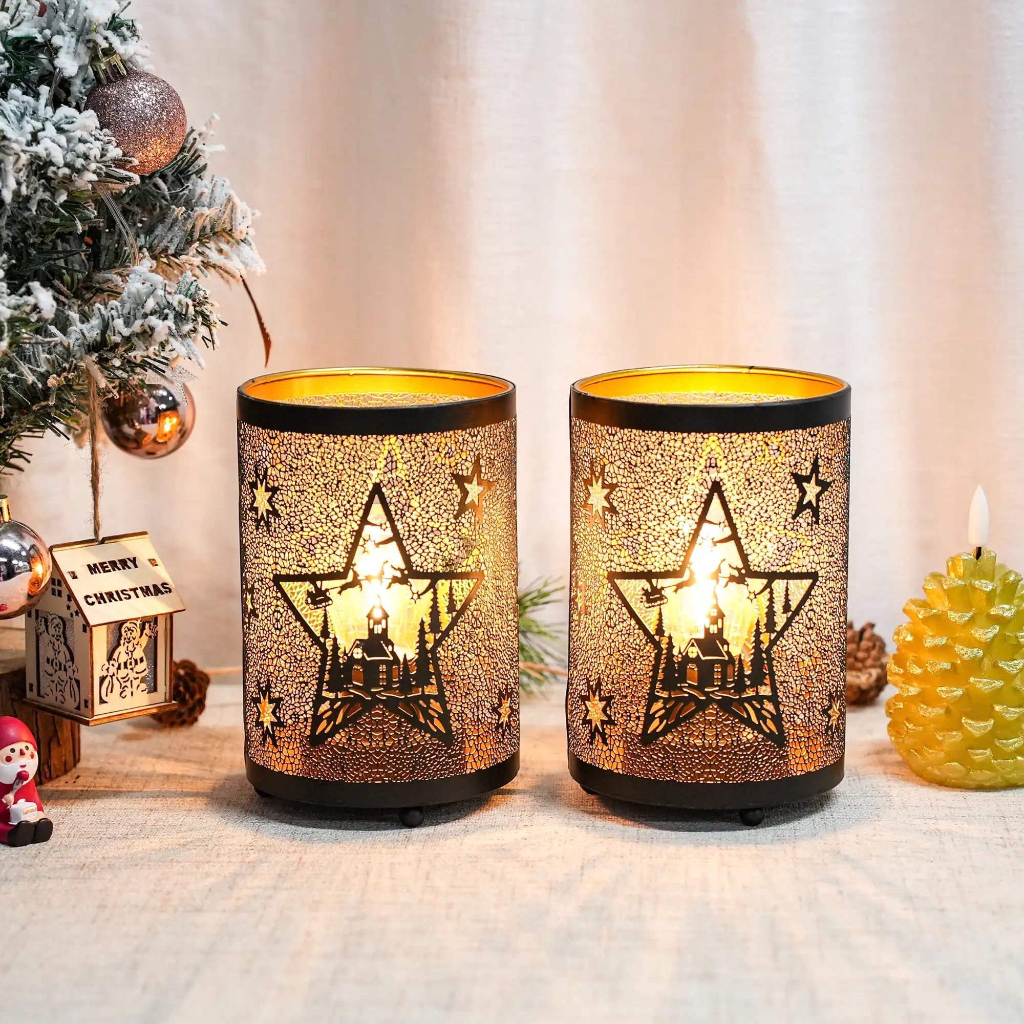 6.5" H Etched Metal Table Lamp Christmas Battery Operated Lamp