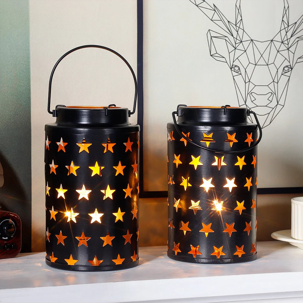 Set of 2 8"H Metal Candle Lanterns with Handle(Hollow Stars)