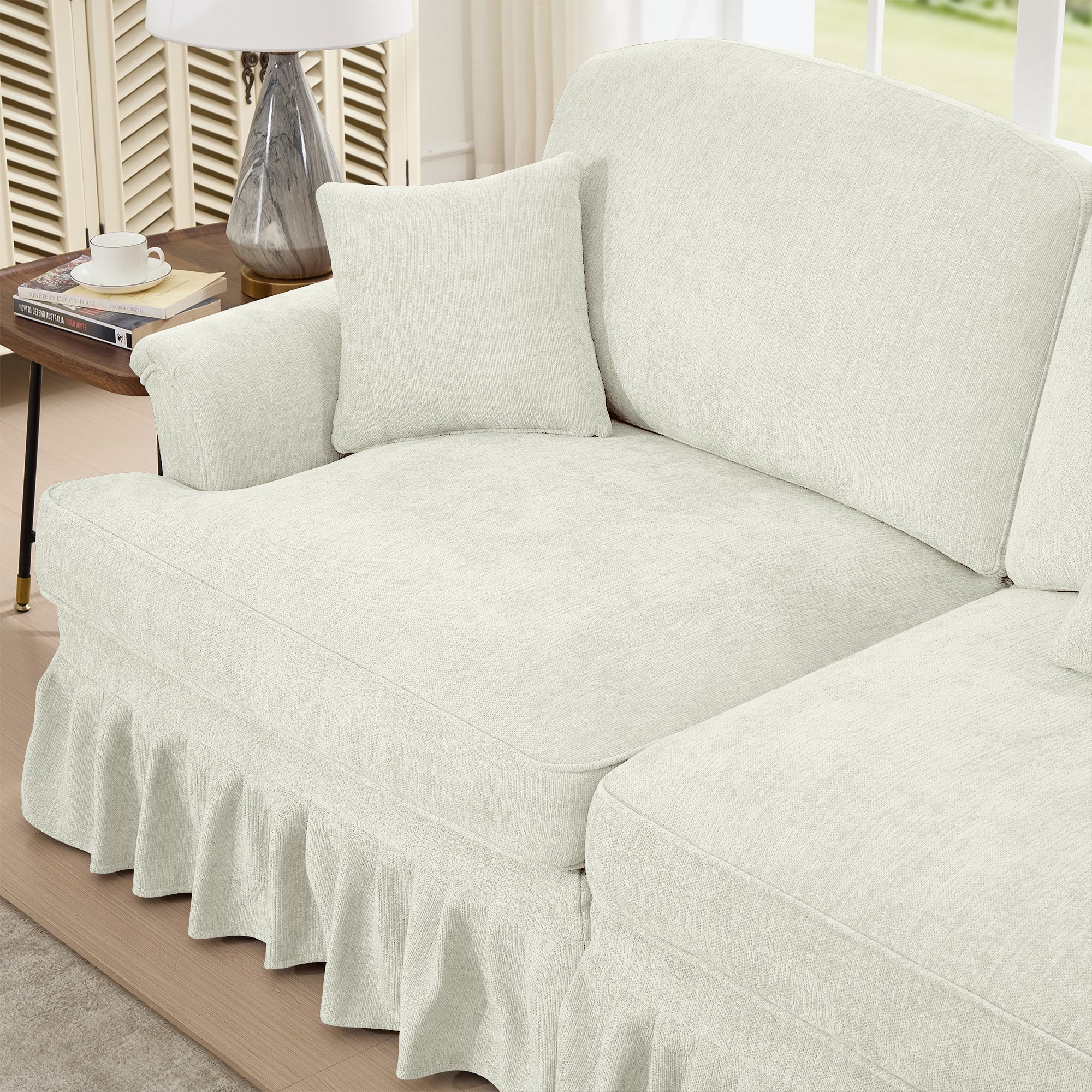 Elegant Mid Century Large 3 Seater Sofa Couch with Flared Arms and Removable Ruffles Pleats Skirts and Spindle Legs, Comfy Chenille Three-Seat Sofa for Living Room, Beige White