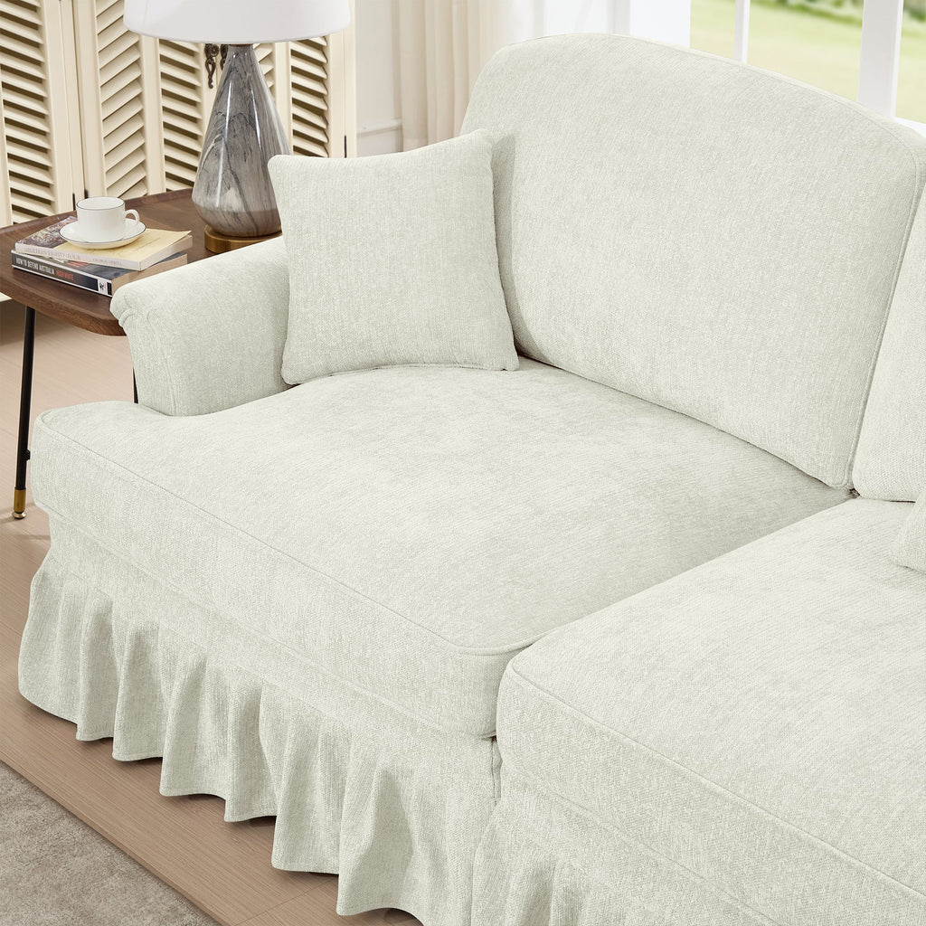Elegant Mid Century Large 4 Seater Sofa Couch with Flared Arms and Removable Ruffles Pleats Skirts and Spindle Legs, Comfy Chenille Four-Seat Sofa for Living Room, Beige White