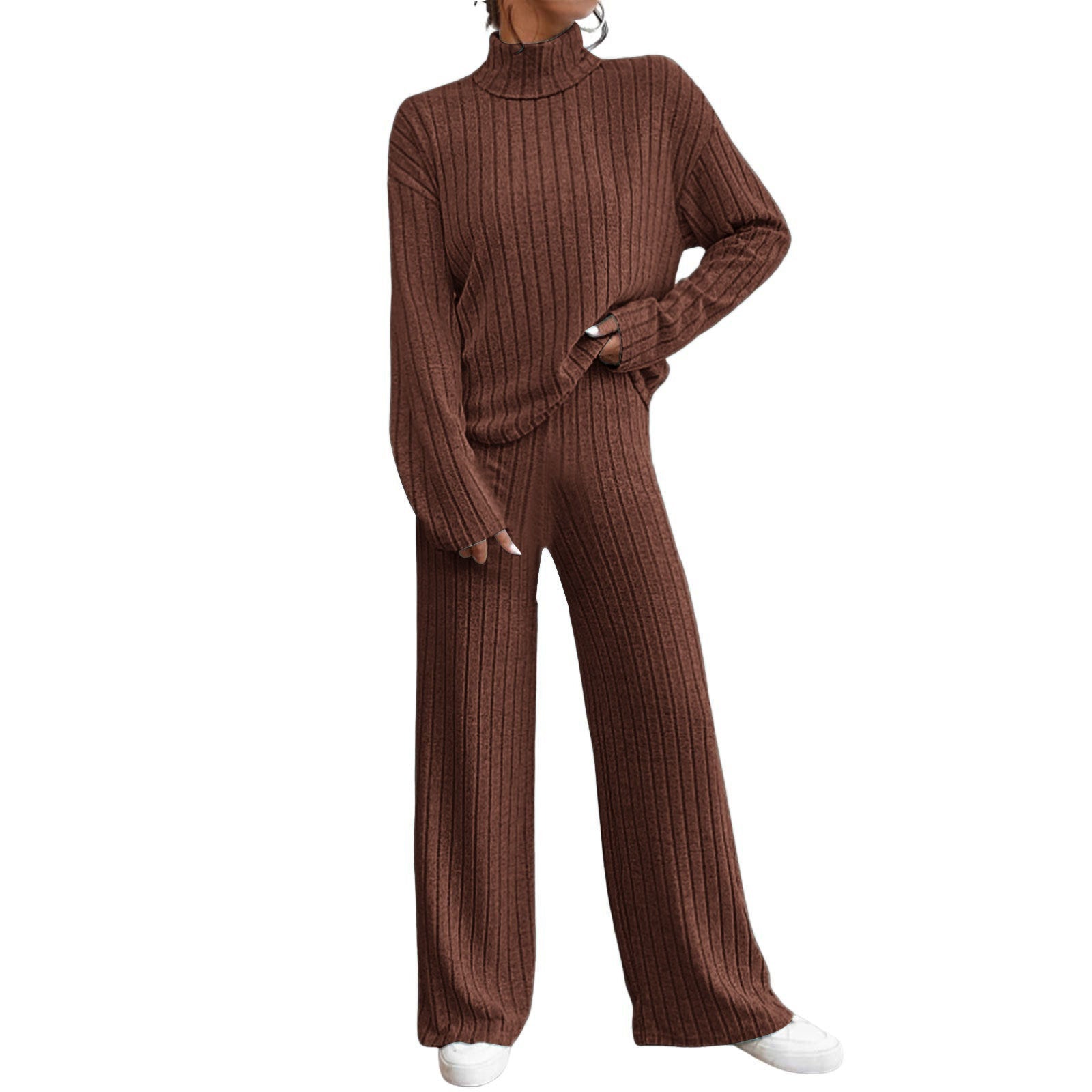 Leisure Turtleneck Knitting Long-sleeve Sweater Loose Trousers Two-piece Set