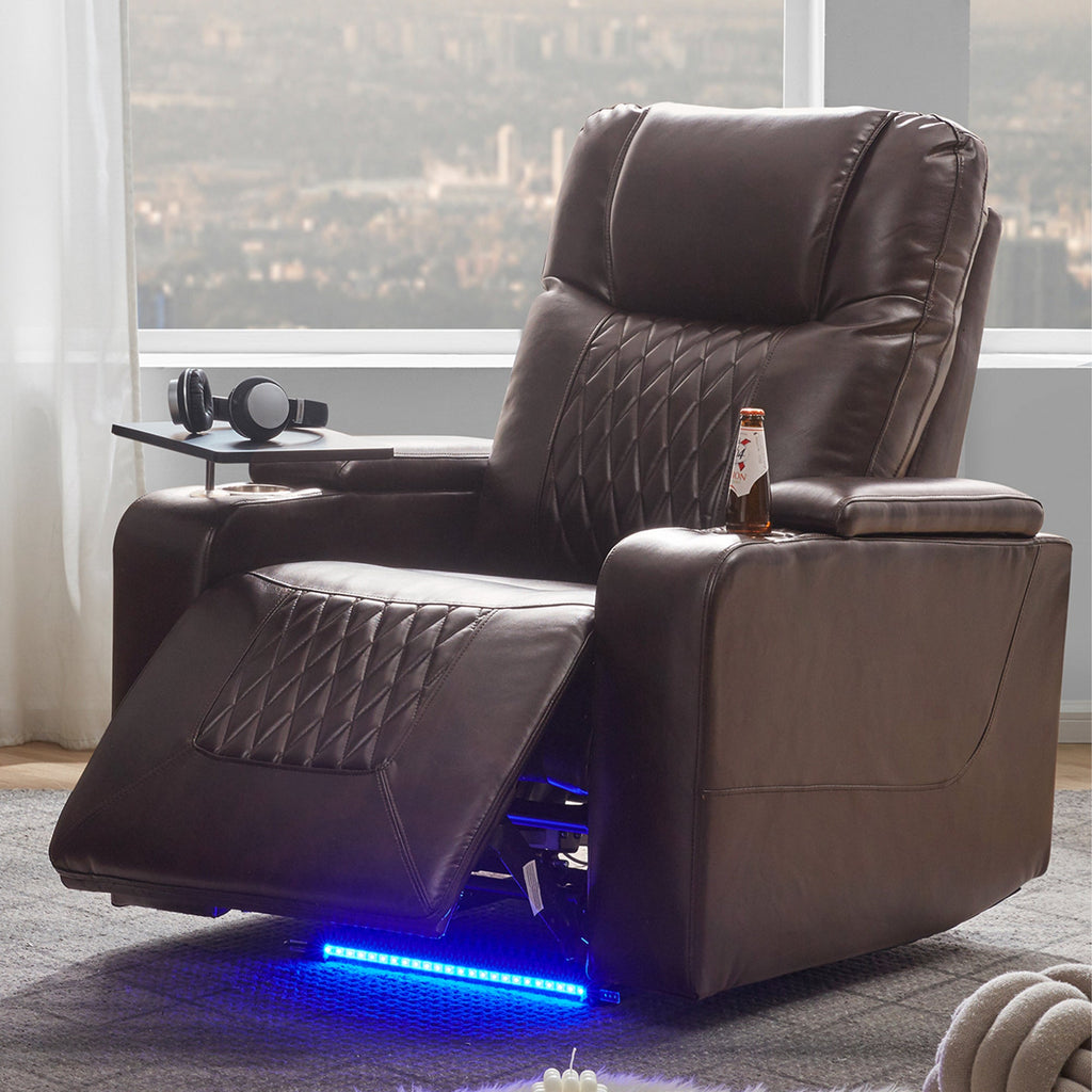 Power Motion Recliner with USB Charging Port, Hidden Arm Storage, 2 Cup Holders, 360° Swivel Tray Table, Brown PU Leather