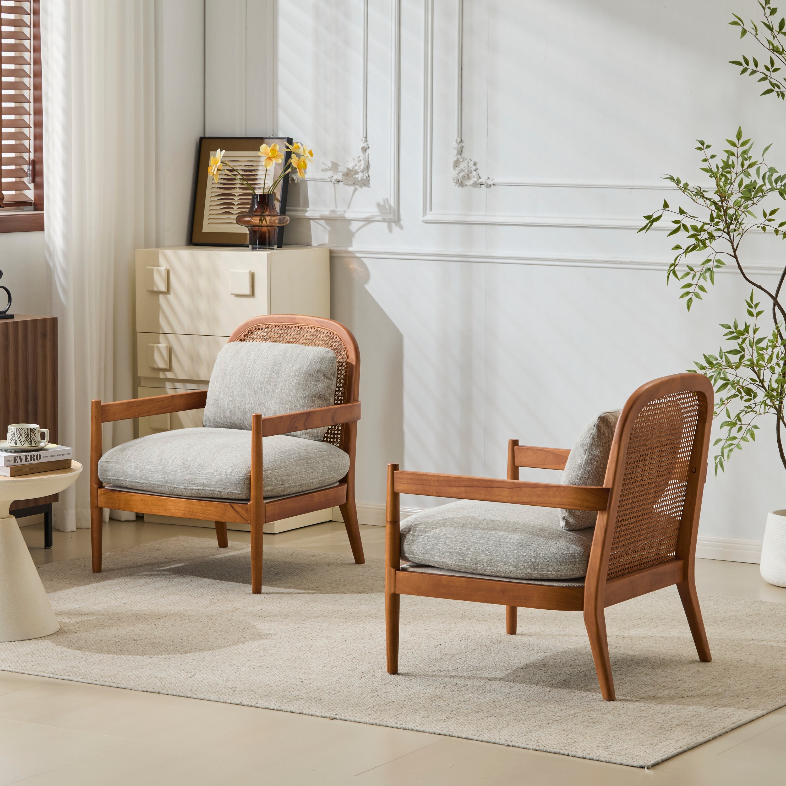 [Set of 2] 26.6' Mid-Century Modern Accent Chair with Walnut Finish Solid Wood Frame and Rattan Backrest, Greyish-Green Cushion, Comfy Armchairs for Living Room, Bedroom, Reading Nook